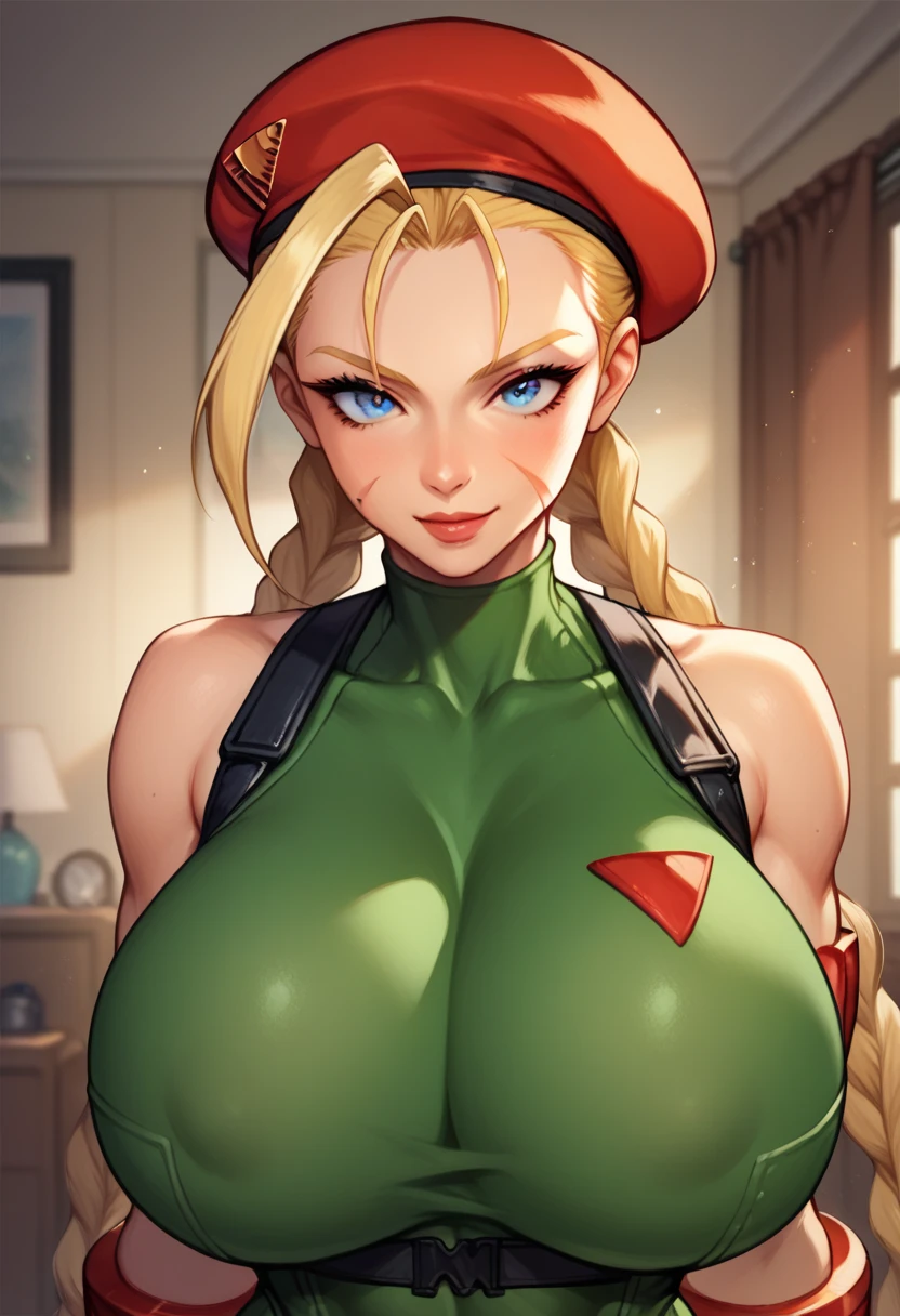 cinematic film still beautiful,masterpiece,best quality,extremely detailed face,perfect lighting,1girl,arms behind head,cowboy shot,cute,flirty,looking at viewer,cammy white,twin braids,long hair,blonde hair,antenna hair,beret,(red headwear:1.3),blue eyes,scar on cheek,(large breasts:1.2),green leotard,sleeveless,red gloves,fingerless gloves,camouflage,. shallow depth of field, vignette, highly detailed, high budget, bokeh, cinemascope, moody, epic, gorgeous, film grain, grainy, huge , ((gigantic cleavage)), cameltoe