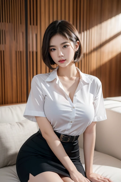 (smile)、I can see your pussy、(nipple見え)、(transparent shirt:1.3)、(In 8K、highest quality、masterpiece:1.2)、(genuine、photorealistic:1.37)、Super detailed、1 girl、cute、beautiful eyes、office、、(nippleが見えてる:1.2)、 (perfect beautiful beautiful face:1.15)、(closed mouth)、細やかなbeautiful eyes、(No underwear:1.1)、、short cut hair、(sheer shirt:1.2)、、(short hair:1.5)、Floating hair NovaFrogStyle、thinボディ、20 year old woman、brown hair、、brown eyes、small head、((G cup))、fashionable girl、beautiful eyes、genuineフェイス、genuineな肌、fine eyes、、(sheer shirt:1.2), dynamic pose、viewer、Beautiful face and breasts,　the tip of the chest sticks out。Areola is protruding。The shape of the genitals is clearly visible。lots of eyelashes。black eyeshadow。bright red lips。black sexy high heels。pubic hair。The lower abdomen is bristly。thin。thighs are open。pubic hairたくさん、pubic hairがはみ出てる、 and delicate figure、(At the office)、camel toe、protruding pussy＿nipple