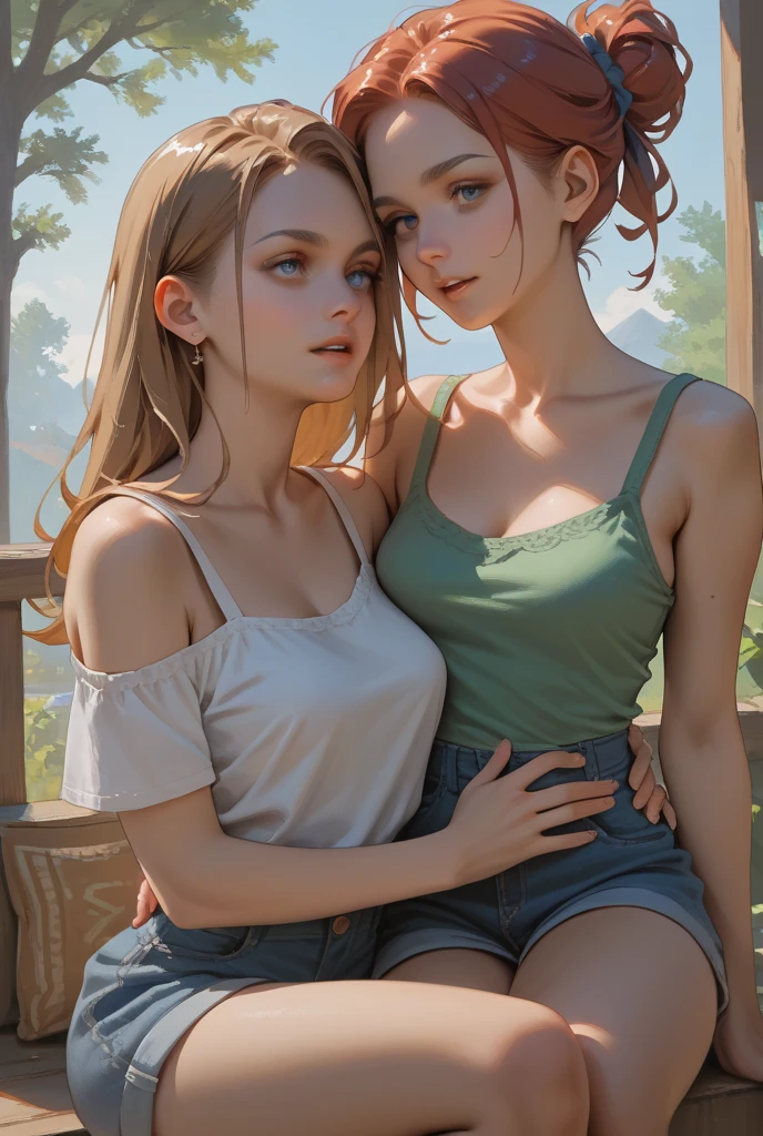 ((masterpiece)), ((best quality)), (detailed), perfect, solo, two-headed Sophia-lillis, gorgeous woman, luscious lips, short red hair with French bob cut, huge blue eyes, freckles, short, petit, sexy, (two heads, conjoined_dicephalus), (kissing:1.4), (wearing tight strapless swimsuit), hands on body, large chest (( getting wet, sweating)), blushing, extremely aroused, lying on the ground on her back, falling asleep, yawning, ((in a polluted river)), lean and thin body, sexy, ((legs crossed:1.3)), hugging