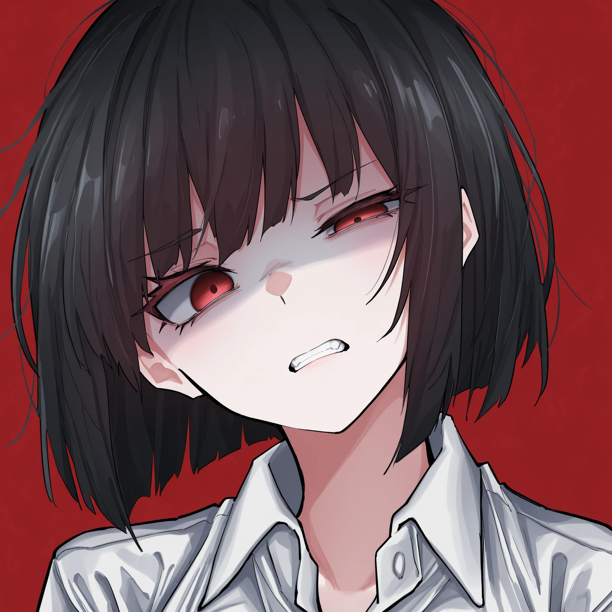 by vivo (vivo sun 0222), 1girl, solo, ryoshu (project moon), black hair, messy hair, red eyes, sanpaku, eyelashes, white shirt, dress shirt, portrait, head tilt, disgust, raised eyebrow, uneven eyes, teeth, red background, masterpiece, best quality, amazing quality