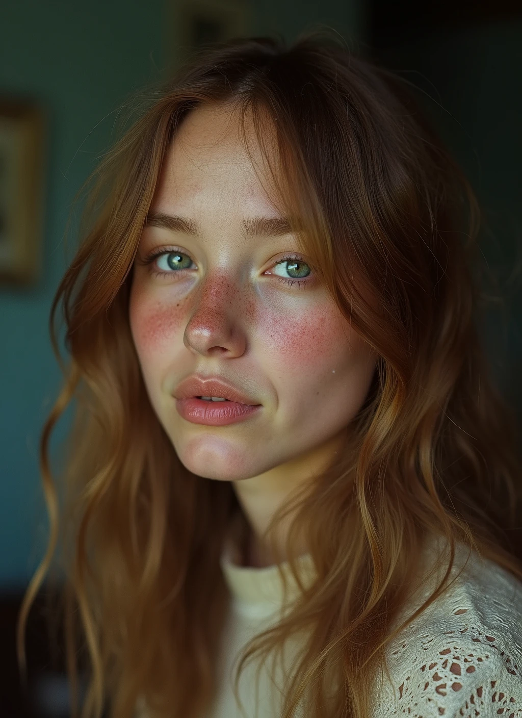portrait of 1 girl, em casa, loiro, Russian girl, cinema RAW cru, 16 mm, Graduated color footage on Portra 400 film, remarkable color , hair, Textured Skin, Remarkable detailed pupils, realistic noise of dull skin , visible detail of the skin , fur, pele seca, taken with a movie camera