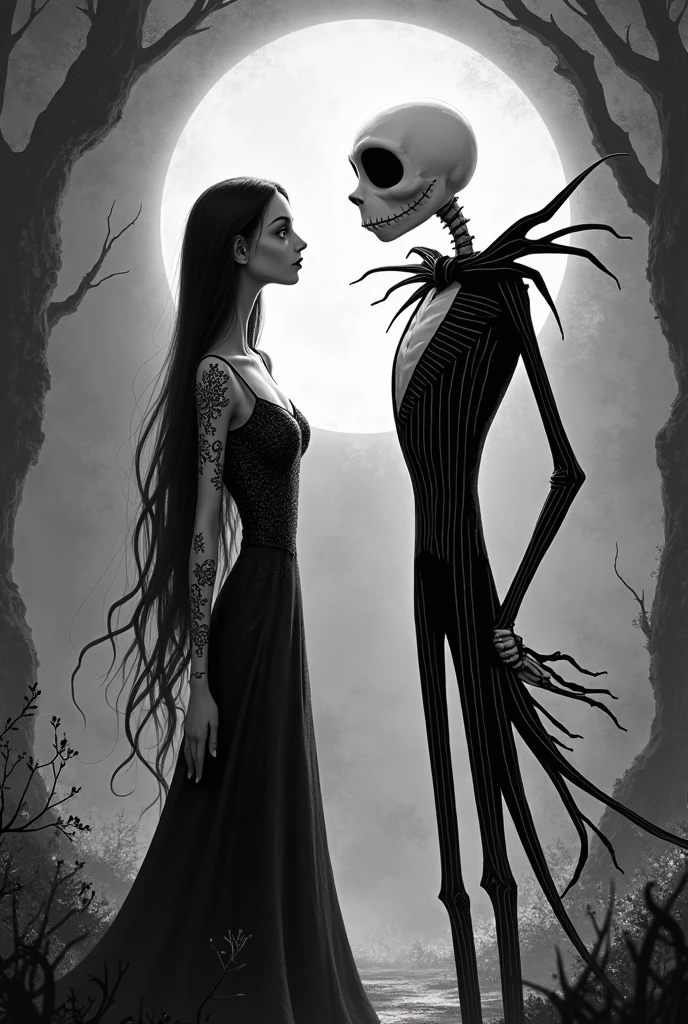 A Tim Burton-style pencil drawing with romance themes on a white sheet
