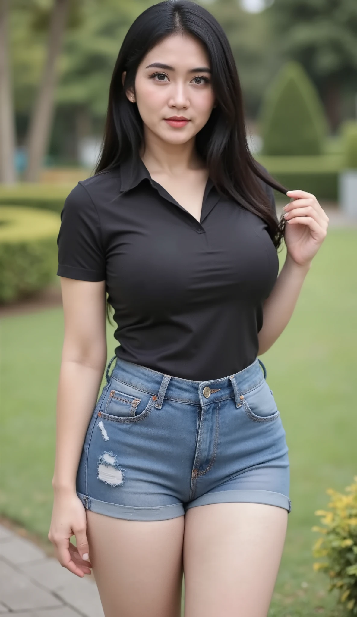 Pretty busty short body korean wife with black long hair and wearing black shirt and short jeans, Pump short body shaped, walking eroticly in botanical garden "Bogor", bubble buttock, full body front view, view from side front, accentuated your buttock, bubble buttocks, turn your body facing the camera, looking at camera, full body view, potrait, knit detailed, open legs, front body view