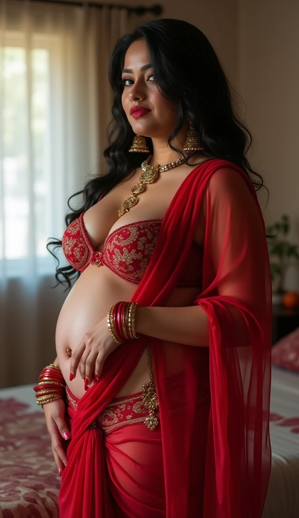 A sexy pregnant indian milf in saree showing boobs
