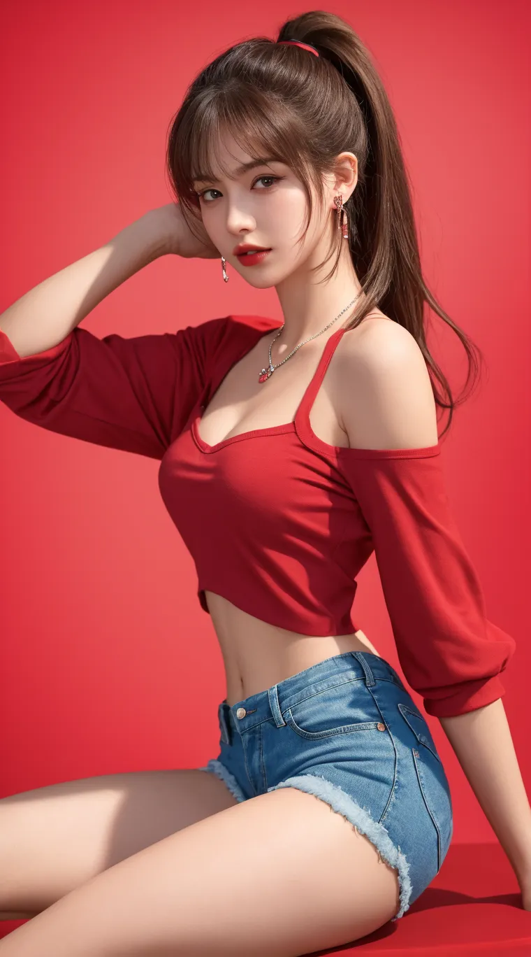 In the image, a light brunette woman in a low-cut red tank top and short black miniskirt is standing in a room with wooden floors and furniture, leaning on a chair. wearing tight and simple clothes, full body wide shot, full body shot, mini skirt. She has short hair and wears a vibrant red low-cut tank top ((((red low-cut tank top))) and a short black skirt ((((short black mini skirt)))). Standing and leaning on a chair The room around her it is bright, with wooden furniture and patterned carpet.The room appears to be a dining area, as indicated by the table and chairs in the background, smiling and charming, it seems to contain a world of wonders and his face is the definition of beauty, beauty. highly realistic, reddish skin, beautiful, slightly plump lips, red lipstick, smiling, feeling of lightness and joy, very elaborate skin, full body photo, clear photo, high quality, high resolution, masterpiece, high quality masterpiece quality), Ultra HD, high contrast, 16K:1.3 print masterpiece, high resolution, (photographically realistic) HD, high contrast, high resolution, (photographically realistic resolution, (photographically realistic)). 16K Masterpiece: 1.3, high resolution, (photographically realistic), NUDE, NUDITY, NFSW.