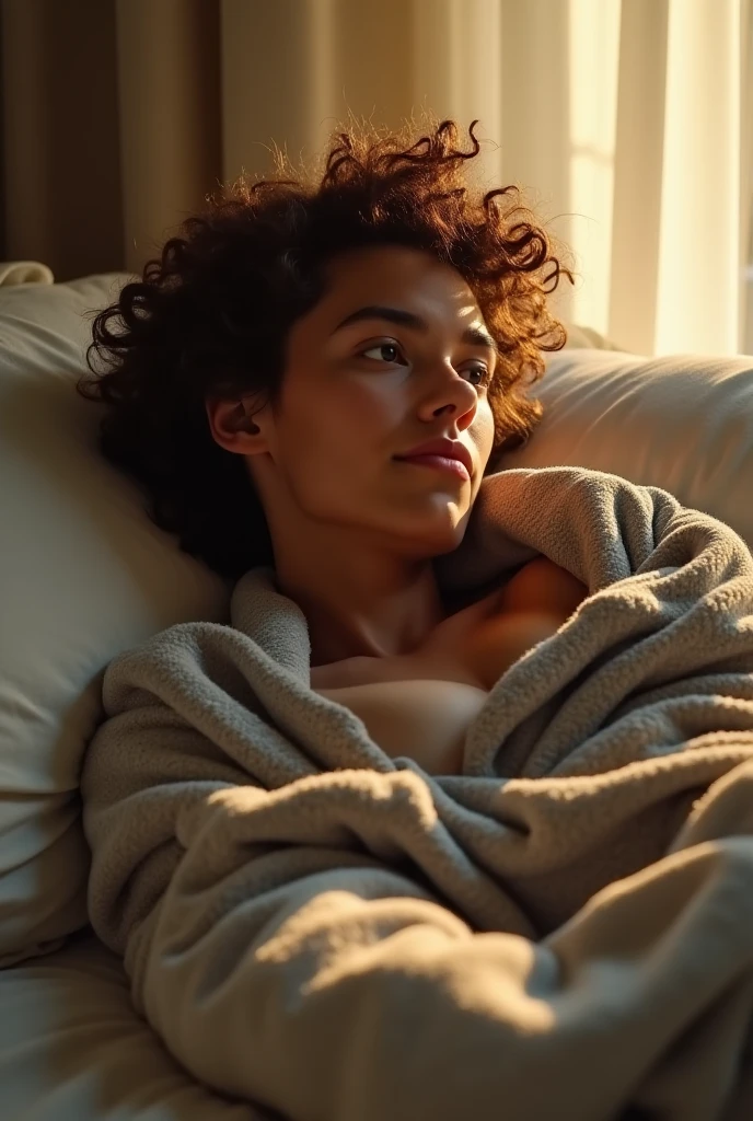 (photorealism:1.2), handsome boy, sitting on bed, wearing loose off-shoulder top, pajama pants, long curly hair, indoors, soft lighting, plants in background, window with sunlight, cozy room, relaxed pose, realistic, intricate details, warm colors, by Greg Rutkowski, by Alphonse Mucha