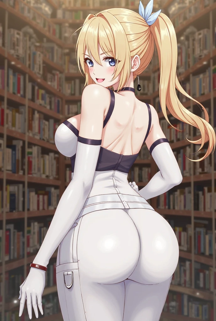 1girl, huge ass, gigantic breasts, bookshelf, side-tie panties, side-tie bikini, book, long hair, blonde hair, blue eyes, swimsuit, bikini, looking at viewer, back, indoors, solo, wide hips, butt crack, thick thighs, curvy, looking back,, bare shoulders, thighs, ass focus, halterneck, black bikini, ponytail, shoulder blades, from behind, ladder <lora:Oat_milf:1>