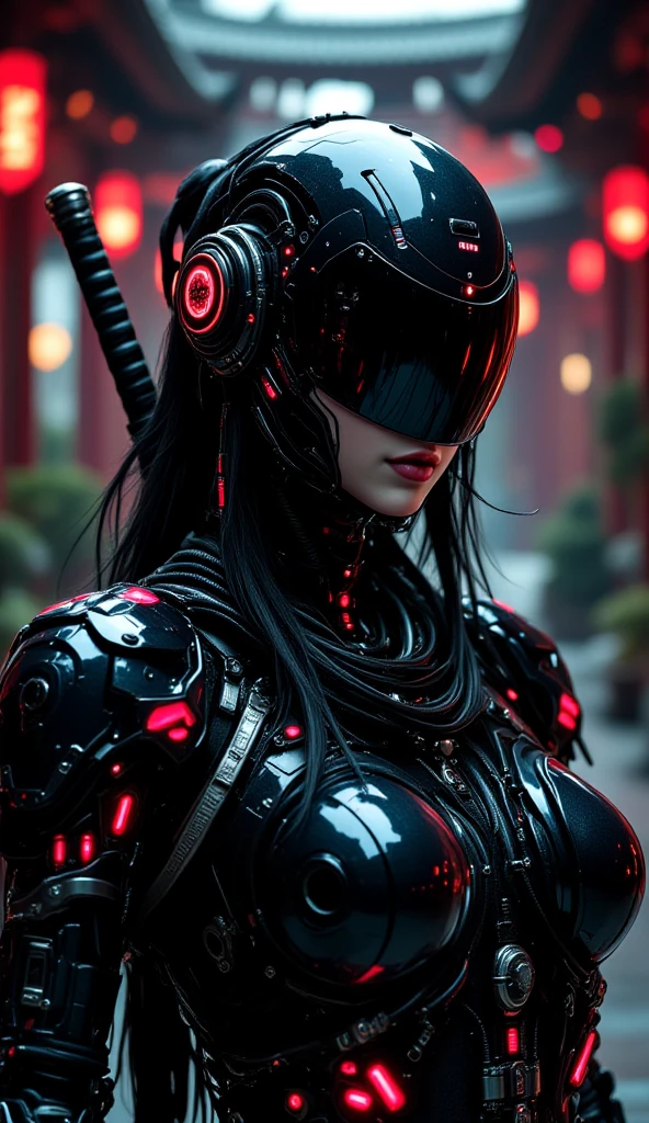 in the style of ck-sfc, female cyberpunk robot samurai, robot face with mirrored face shield, hyperdetailed helmet, flowing black hair, reflective black and neon red armor, robot joints, body made of metals, cables and wires, a katana strapped to her back, abstract background suggesting eastern temple