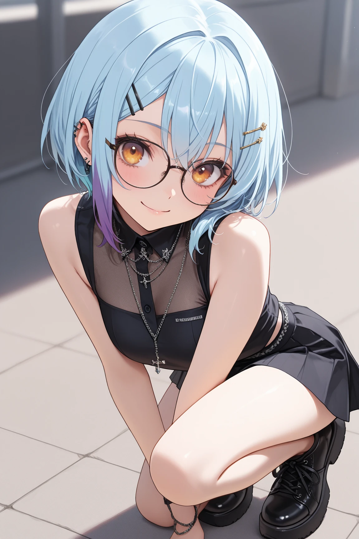 (((Bob hair with a bluish silver tint))) Square framed glasses, (((Bright blue eyes))), (Medium chest), (Kneeling), ((Dropping her smartphone on the ground)), (Girl trembling with despair)