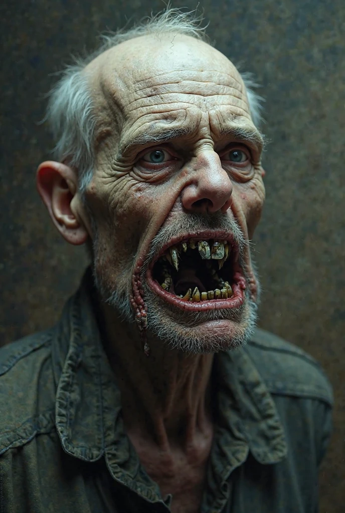 ((Decay skin)) Old zombie man, male, older male figure, ((skull face)), dreary, magnificent, fog, low key, at night, ((RAW photo, 4K, Realistic, Exquisitely Detailed Skin)), Masterpiece, Best quality, offcial art, Unity 8k wallpaper, Ultra detailed , (detaile zombie face),((bloody mouth)), rincled skin, (decay skin), ((pealing off skin decay)),((detailed skull under skin)), detailed decay skin, looking at the camera, ((grey long beard)), dirty red and black flannel shirt, old black cowboy hat, ((cowboy hat)), masterpiece, best quality, extremely detailed eyes, cinematic lightning, intricate detail, highres, official art, finely detailed face, high resolution illustration, 8k, depth of field, ((zombie)), short white hair and blue eyes, short white hair, detailed blue eyes, chaotic city, upper body, looking at viewer, post apocalyptic background, zombie decay skin, detailed face decay, decay, terror,((skull decay face)) scary looking, extremely detailed eyes, extremely realistic photo, extreme terror, midnight moon, ((long white beard)), gothic look older nale zombie (((bloody mouth))) ,( pulling knife out hes head)