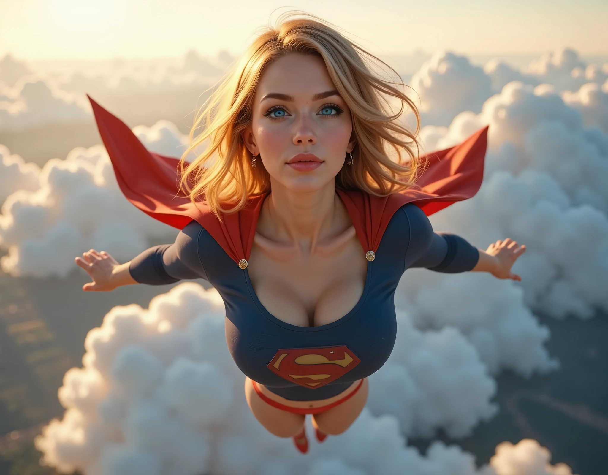 A photo-realistic, high-resolution digital photograph taken with a DSLR camera and cinematic lighting. A beautiful blonde woman with huge thick breast, soft ultra realistic blue eyes and her hair styled in a neat bun is soaring through the sky, wearing a classic textured Superman suit. The costume features a DARK blue bodysuit, red briefs over blue pants, a long flowing red cape, and polished red boots — all with realistic fabric textures and natural light reflections. LARGE "S" EMBLEM ON CHEST.
She is captured mid-flight, gracefully gliding above the clouds. Her red cape trails behind her, flowing with the wind and adding a dramatic sense of motion. The sun highlights the edges of her figure, casting a warm golden glow that enhances the heroic tone of the scene.
She gazes directly at the camera with a confident yet serene expression, creating a sense of connection and strength. The sky is vast and vibrant, filled with soft clouds and blue gradients, contributing to a majestic, uplifting atmosphere.