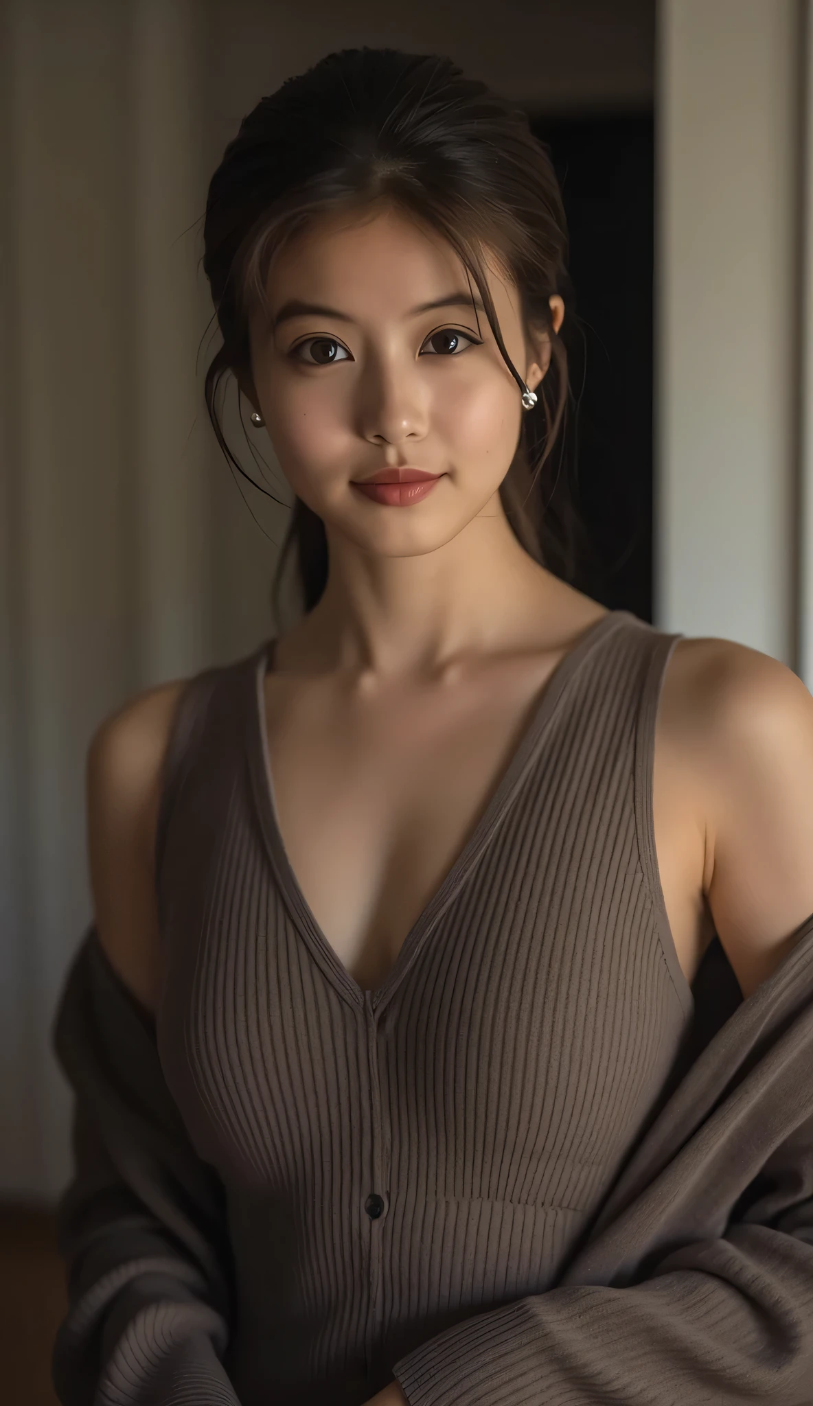 HD, 4K, 8k, 16k、1 woman、Ultra High Resolution、leaning back upper body、stretches her chest 、((anatomically correct))、camera angle from the front、(((front view)))、Beautiful Hair、accurate anatomy of a dark night、ultra HD hair、Ultra-high definそれion beauty face、輝くUltra High Resolution の美肌、 Ultra High Resolution の艶やかな唇、(full body photo:1.1)、Vintage Fashion、fashion model with split ends due to pubic hair、sensual、masterpiece、top quality、Bright Natural Lighting 、beautiful woman in silya room