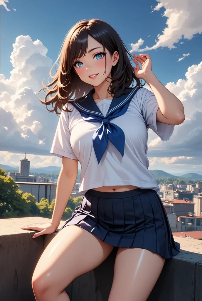 very cute and beautiful girl,(highly detailed beautiful face and eyes:1.2),sailor school uniform,(navy blue pleated mini skirt),
(skirt lift,white panties),dynamic angle,(smile),blush,looking at viewer,black hair,
countryside,wooden fence,hilltop,grassland,detailed landscape,
(best quality,masterpiece:1.2),intricate details,extremely detailed,8k resolution,solo,natural lighting,
hair fluttering in the wind,beautiful detailed sky,(realistic),