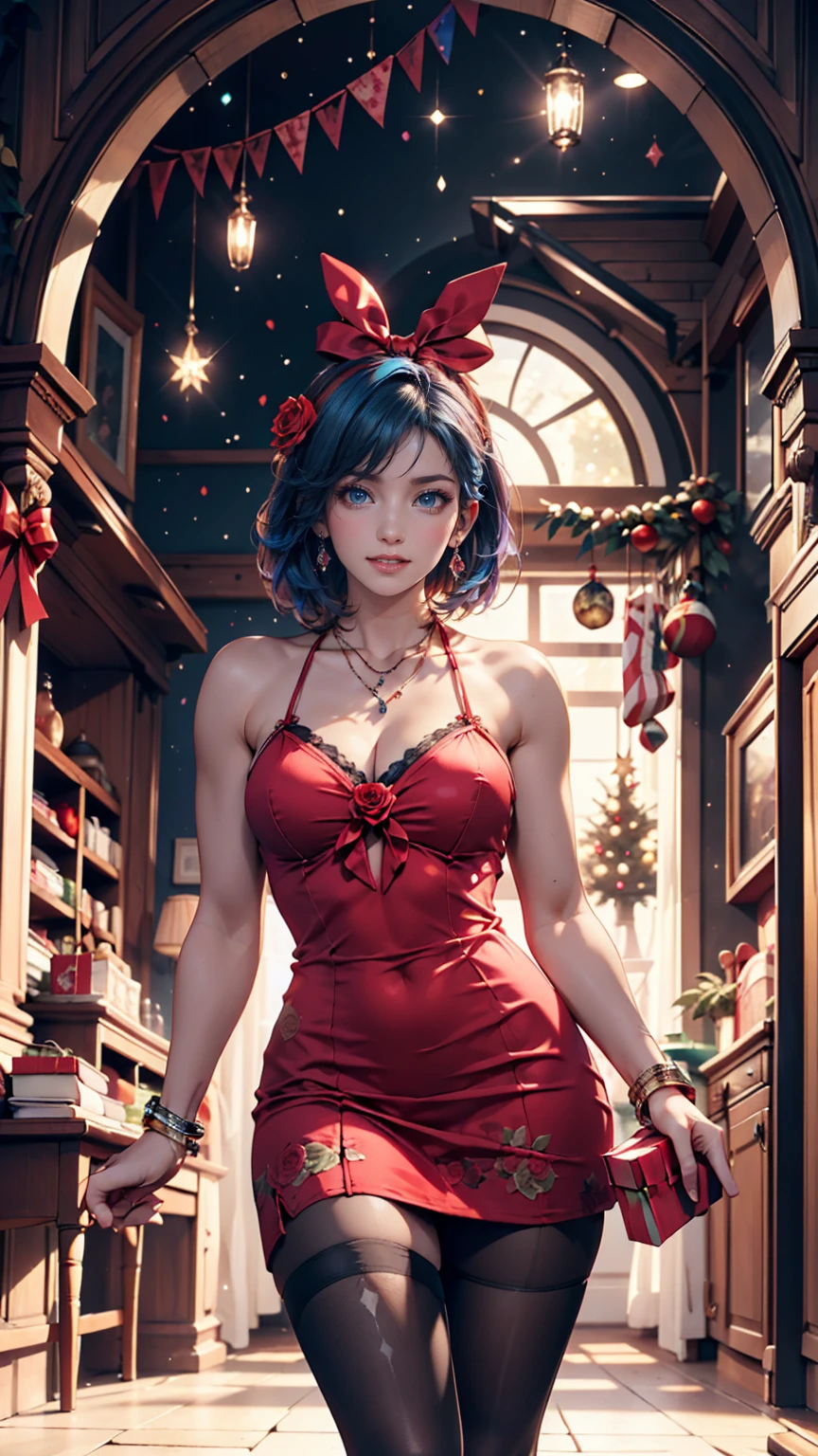 (Masterpiece), High Quality, 1 woman, Blue Hair, Arch, Box, Bracelet, Christmas, Christmas Tree, Cowboy shot, Red Dress, Earrings, Red Stockings, Flower, Gift Box, Hair Adornment, Hamsa Hand, Jewelry, Looking at Viewer, Multicolored Hair, Collar, Lace Panties, Parted Lips, Purple Eyes, Red Vest, Belt, Rose, Short Hair, Smiling, Alone, Thighs

This is a stunning and realistic image of a woman with blue hair, draped in a red vest and skirt, with a warm smile playing on her lips. Her short hair
