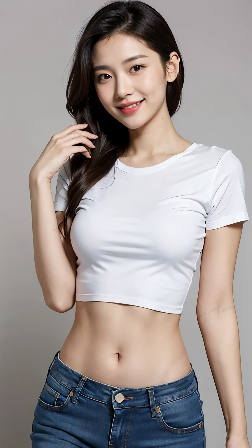 30 generation women, very short hair, face without makeup, silky white skin, sexy, thin waist, white t-shirt, background white wall