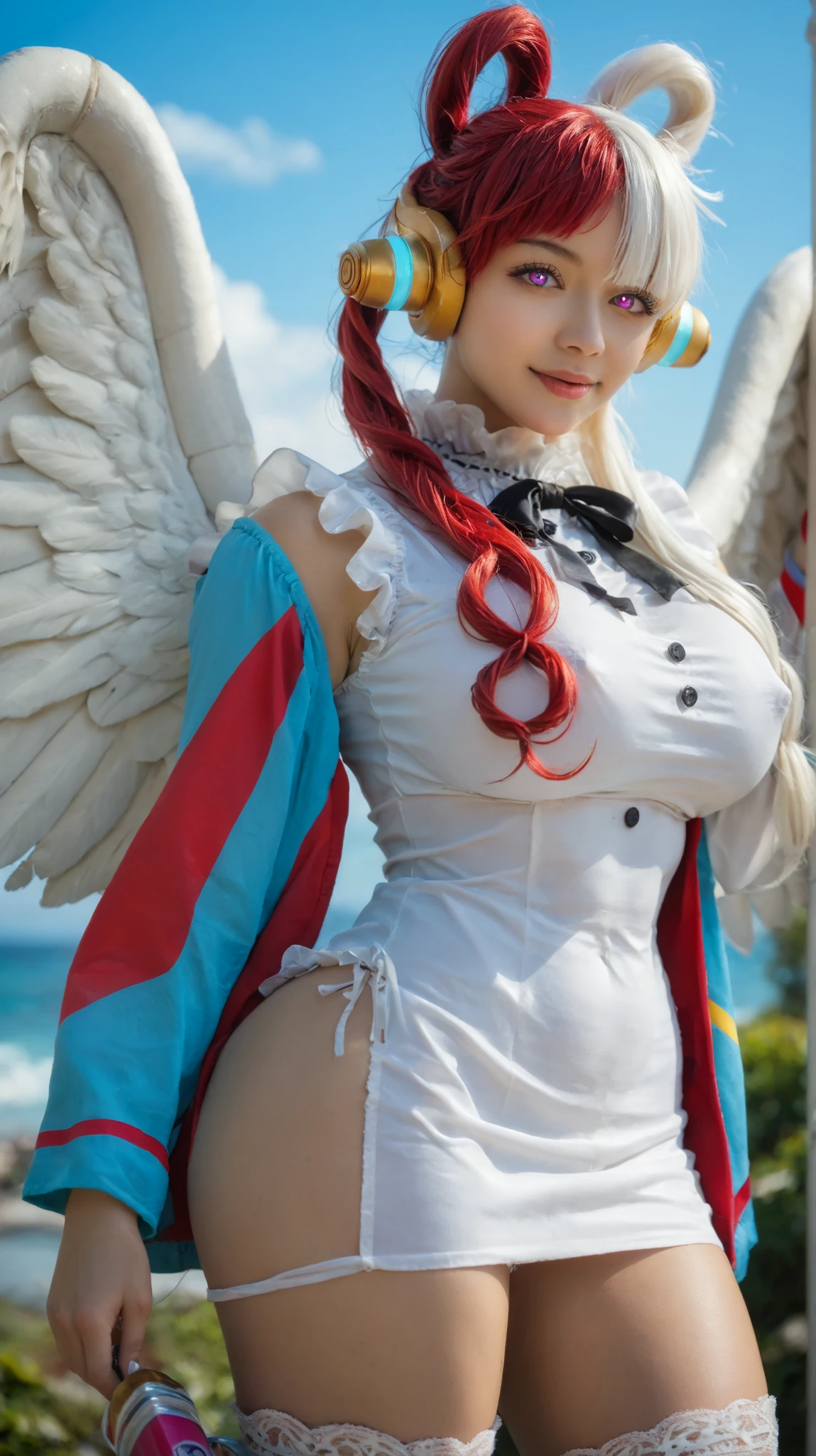 UtaOP, 1girl, solo, long hair, multicolored hair, split-color hair, two long ponytails with two circular braids, hair ornament,  bright purple eyes, bangs, golden headphones,  left eye is shrouded by her white hair, two tone hair, lips, large breast, short white dress, dress upper thighs, frilly neckline, black bow on neck, black button, light blue sleeve on left arm, single sleeve, long sleeve, blue bracelets on right arm, pair of feathery wings on her back, the right wing one pink and the left wing one white,  wide hips, white boots with numerous designs,
seductive pose, sexy pose, tease, 
masterpiece, best quality, ultra-detailed, very aesthetic, detailed background, very aesthetic, newest, scenery, highres, 4k, absurdres, 8k, colorful,vibrant, glowing, perfect face, 2d, perfect eyes, detailed eyes, 
 masterpiece, best quality, ultra-detailed, very aesthetic, newest, scenery, absurdres, perfect anatomy, perfect legs, perfect face, perfect eyes, mature body, clear eyes, beautiful eyes, athletic, curvy body, athletic girl, perky , perfect , round breasts, nipple outline, pinup pose, teasing, lustful expression,   
 ,
Smooth Negative,, Asian, cute, beautiful, (21 years old), double hair, red hair, white hair, half red hair half white hair, toned stomach,