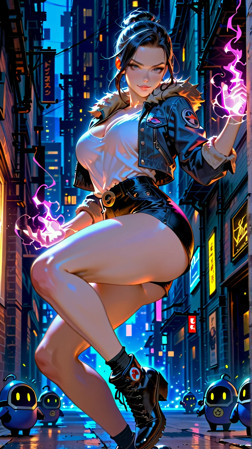 ((best quality)), ((masterpiece)), (detailed), 1girl, one girl, 8k_wallpaper, extremely detailed eyes, extremely detailed body, beautiful face, perfect face, detailed ((blonde hair)), (gold eyes), (( big blue horns)), {{dark skin}}, ({dark skinned female}), gigantic breasts, thick thighs, strong arm and leg muscles, strong abdominal muscles, Korean girl, a predatory mischievous smile with fangs, a vulgar smile, a playful look, style - a hot rock girl, a dark red open jacket with rolled up sleeves, a belt of yellow silk and gold chains, gold bracelets and leather short gloves, short denim mini shorts through which the outlines of a wet woman appear pussy, a rock guitar hanging behind his back, walking down the street of the evening city,