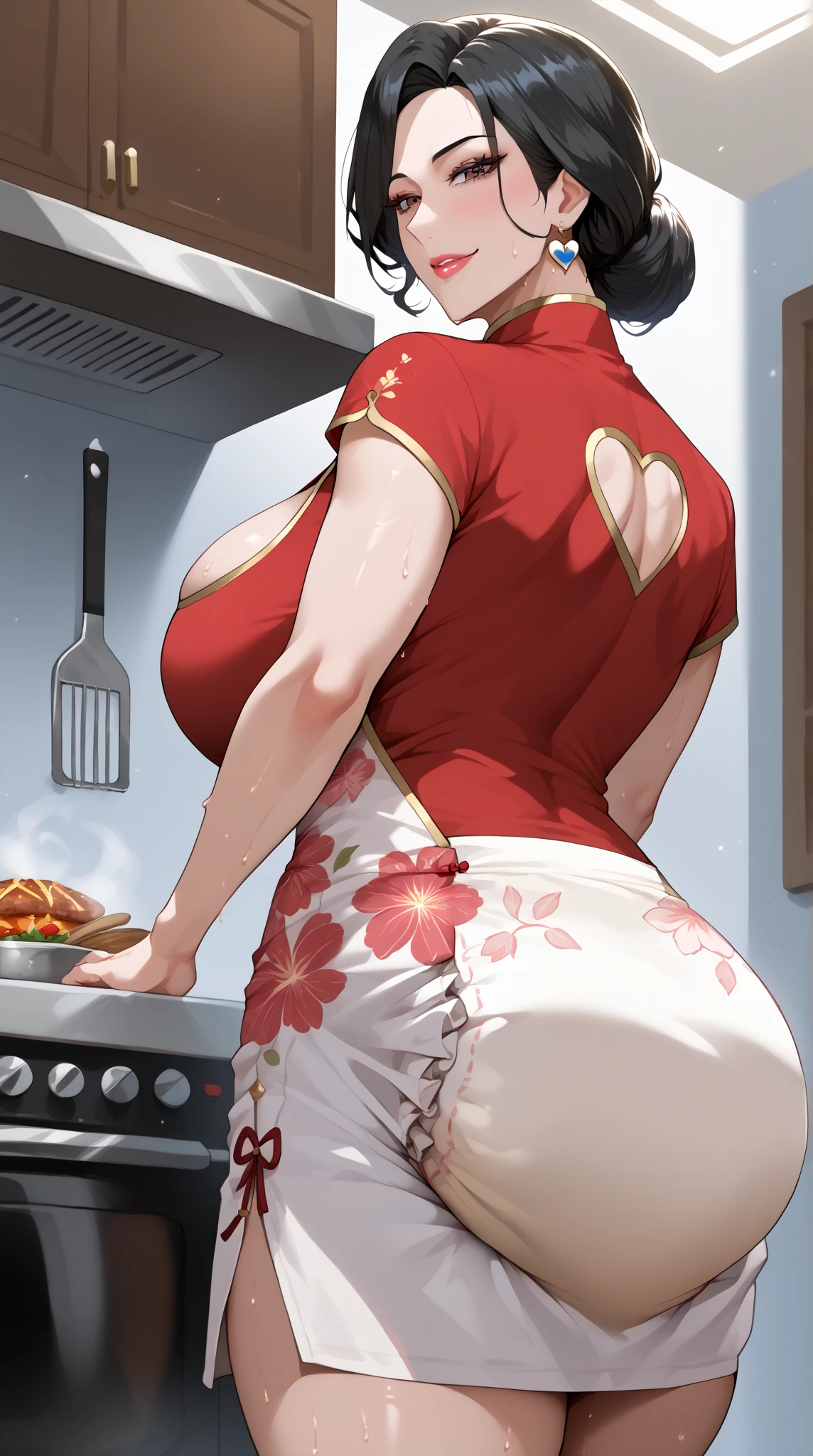 (Mature Woman:1.5), (mother:1.5), (45 years old:1.5), (Mom:1.5), Ishtar, Fate Grand Order, (Absurd, 8k, 4K, Tabletop, Extremely detailed:1.2), highest quality, Perfect Anatomy,Perfect Face, High humidity, (alone:1.2), (Sweaty:1.3), shortness of breath, High humidity, humid, (Black Hair:1.1), Red eyes, Looking into the camera, (Very large breasts:1.5), Light clothing, apron, (kitchen;1.1), (Having a conversation:1.5), (Speech bubble:1.2), A kind smile, relief, peace of mind, mother性, Cooking, have a ladle, pot, pot-au-feu, (Tattoo:1.2)