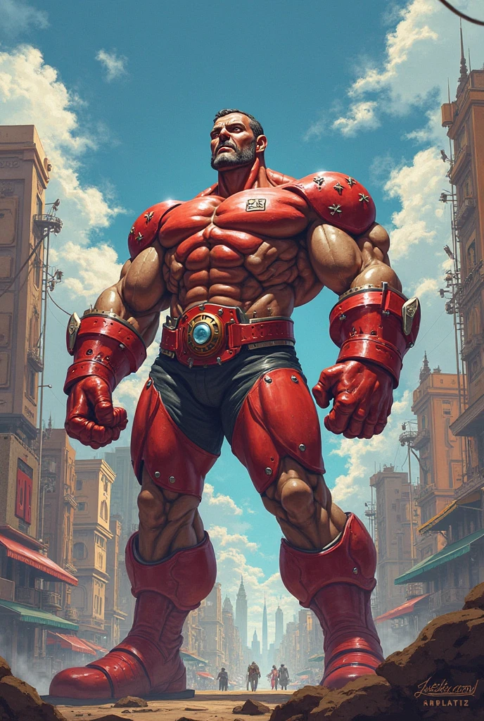A man 40 meters tall, giant, nervous, destroying the buildings of a city. Illustration by Alex Ross, detailed, kinematic --auto --s2
