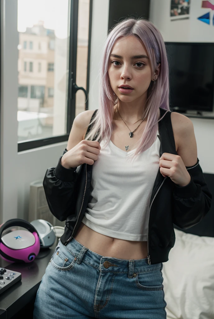 girl 21 years old, short shoulder-length hair, pink hair color