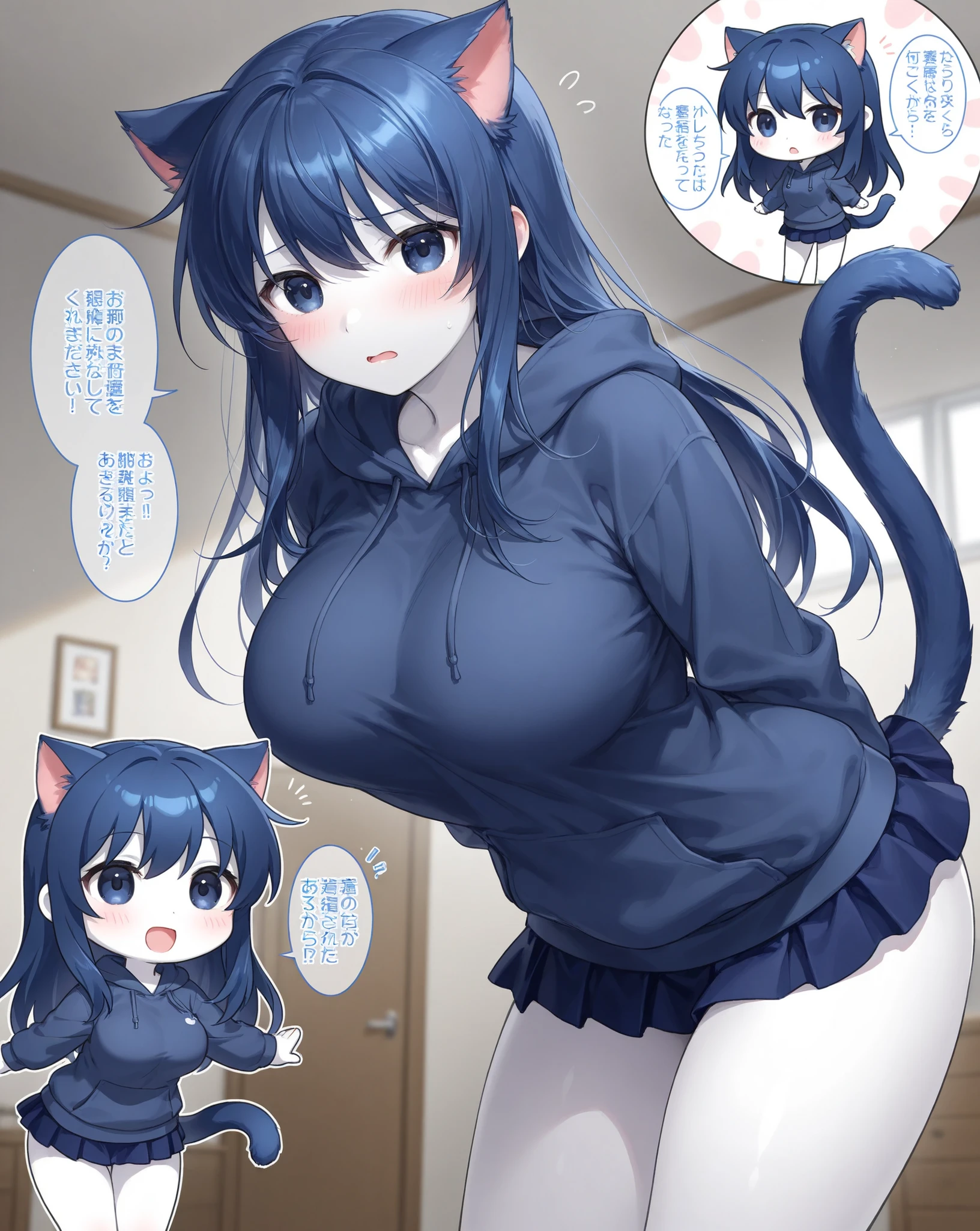 (Masterpiece) (High Detail) (High Res) A Tall brown-haired female with large breasts, brunette, floppy cow ears and a black fluffy tail and is wearing a black turtle-necked sweater and cuddling a short young petite humanoid girl with pale human skin and blue eyes and long blue hair and blue dog ears and a fluffy dog tail is wearing just an oversized white t-shirt. Size_difference.