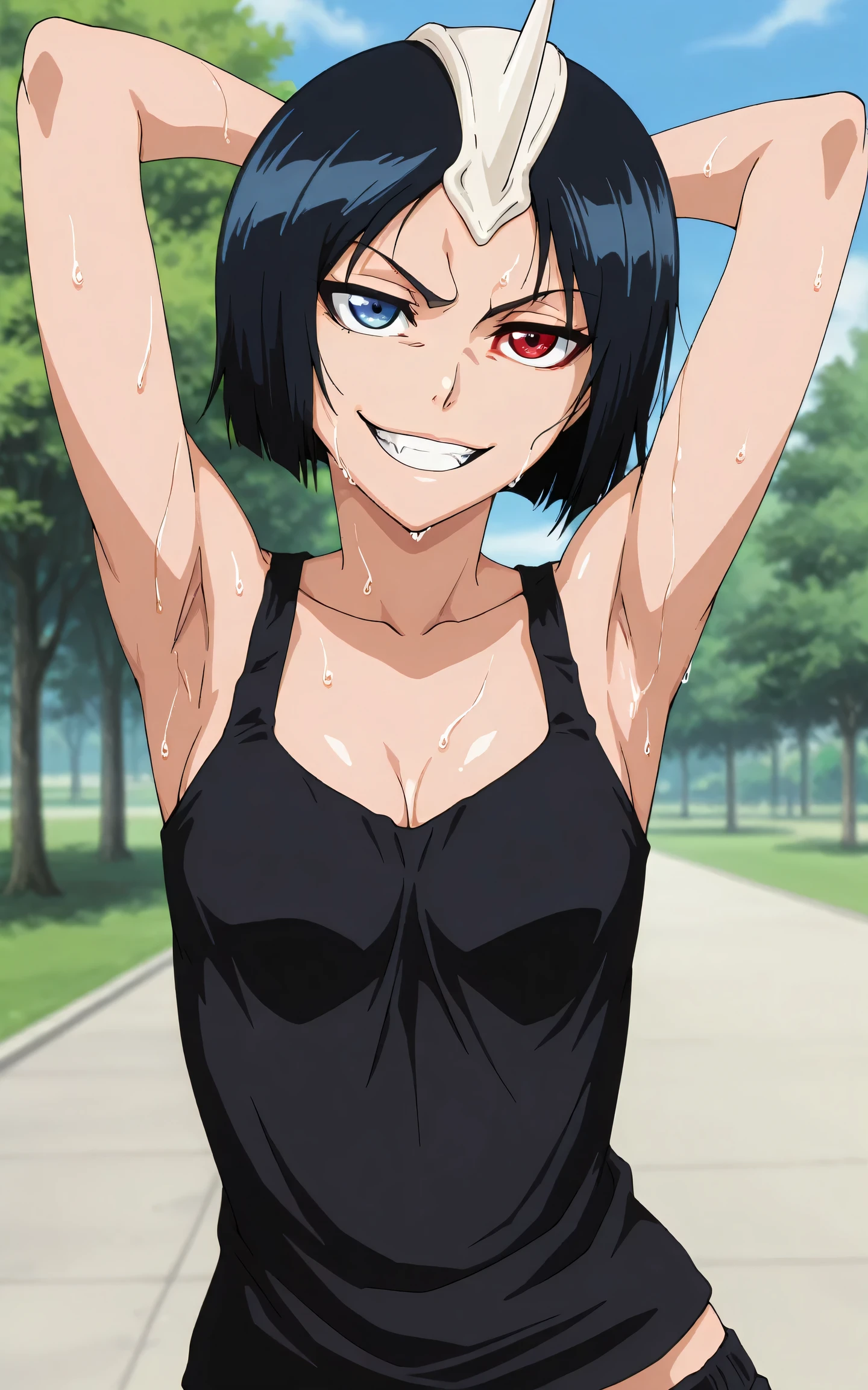 masterpiece, best quality, amazing quality, anime screencap, anime coloring, 1girl, solo, 3m1l0u, heterochromia, blue eyes, red eyes, black hair, short hair, single horn, black tank top, cleavage, sweaty, small breasts, skindentation, sleeveless, bare shoulders, bare arms, arms behind head, armpits, head towards viewer, looking at viewer, evil smile, grin, teeth, light source in front, outdoors, day, park