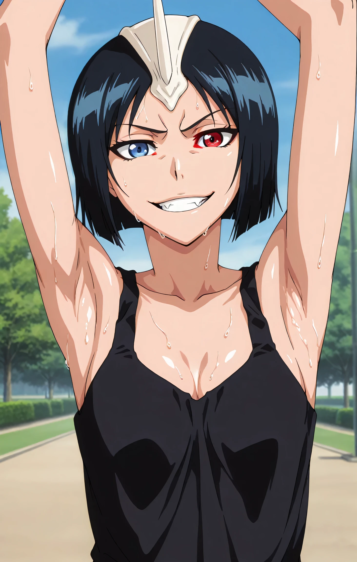 masterpiece, best quality, amazing quality, anime screencap, anime coloring, 1girl, solo, 3m1l0u, heterochromia, blue eyes, red eyes, black hair, short hair, single horn, black tank top, cleavage, sweaty, small breasts, skindentation, sleeveless, bare shoulders, bare arms, arms up, raised arms, armpits, head towards viewer, looking at viewer, evil smile, grin, teeth, light source in front, outdoors, day, park