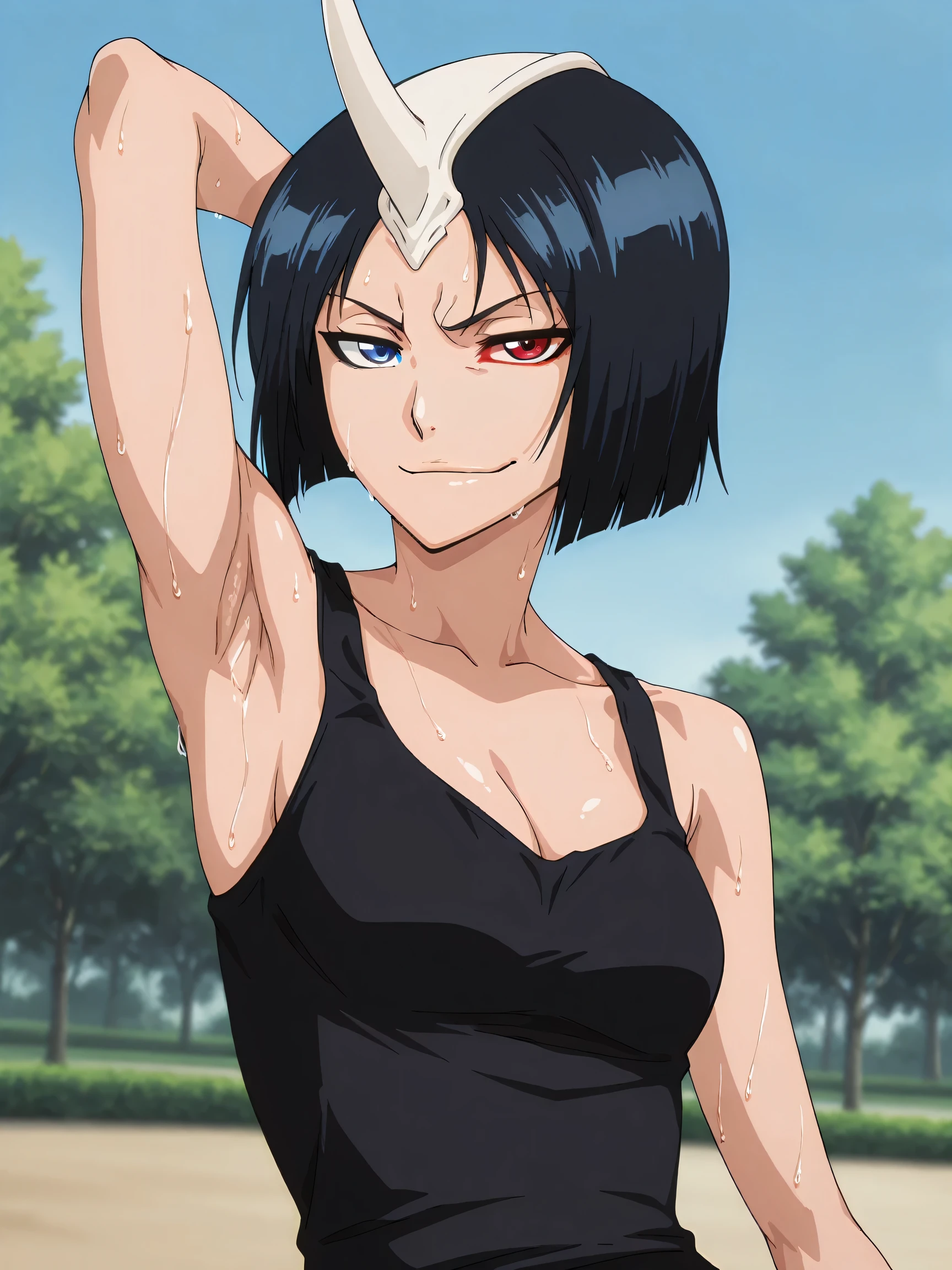 masterpiece, best quality, amazing quality, anime screencap, anime coloring, 1girl, solo, 3m1l0u, heterochromia, blue eyes, red eyes, black hair, short hair, single horn, black tank top, cleavage, sweaty, small breasts, skindentation, sleeveless, bare shoulders, bare arms, arm behind head, armpit, armpit focus, head towards viewer, looking at viewer, evil smile, smug, closed mouth, light source in front, outdoors, day, park, from side, from below