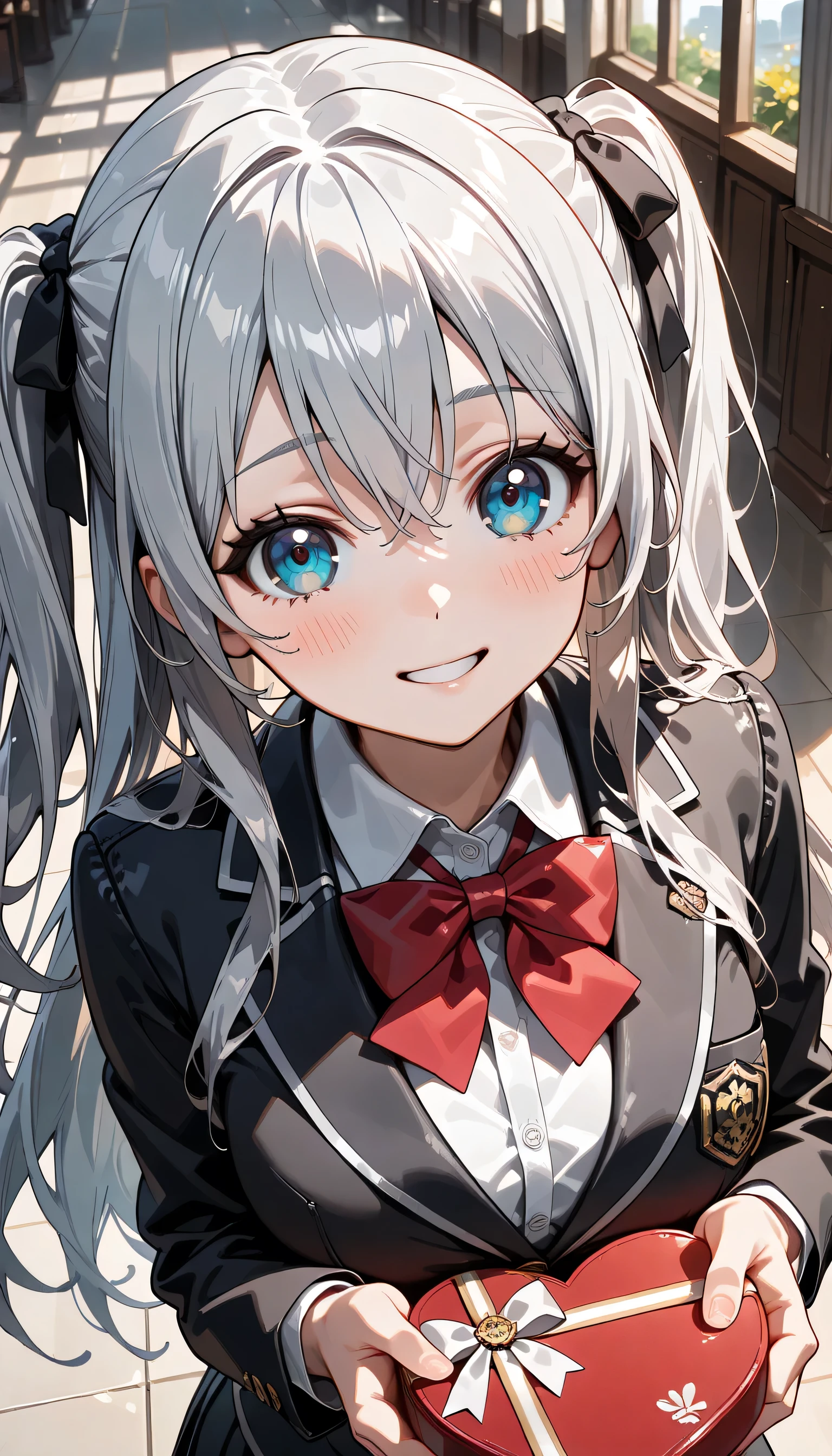 ((ultra-detailed)), (highly detailed CG illustration), (best quality:1.2), ultra-highly detailed, colorful composition, artistic photoshoot, 1girl, solo focus, ((upper body:1.4)), moe anime character, age girl, dainty facial structure, (baby face), (round face), ((rounded chin:1.2)), ((ideal ratio body proportions)), celia-default, celia claire, (blue eyes), sparkle eyes, silver hair color, two side up, ((hair ribbon with red), (deep royal blue and white strips hair ribbon), ample breasts, school uniform, black blazer, modern style with fitted jacket, red neck bow, long sleeves white shirt, black pleated skirt, and black high socks, ((look of anticipation)), ((shy:1.4)), ((blush:1.4)), ((bashful:1.4)), ((excited)), ((full-face blush:1.4)), ample breasts, ((giving Valentine's chocolate)), ((chocolates in a heart box with orange color:1.3)), petals glowing and fluttering, standing by the victorian garden with flowers, beautiful detailed sky, dynamic pose, looking at viewer, best quality, masterpiece, looking up, expecting, pink cheek, blush, light pink gloss slip, portrait, depth of field, soft lighting, sidelighting, (shine), lighting, caustics, ray tracing, smile, perfect face, lustrous skin, highly detailed face, highly detailed eyes, perfect face, perfect nose, perfect hair, perfect eyes, perfect anatomy, beautiful hair, beautiful small face, extremely detailed face, beautiful detailed eyes, beautiful clavicle, beautiful body, beautiful huge breasts, leavage, breasts squeezed together, equalize the size of the left and right breasts, beautiful fingers, 4 fingers, 1 thumb, lovely, (very detailed background:1.0), (highly detailed background:1.0), spring aesthetic, intricate details, love atmosphere, spring colors palette, chromatic aberration