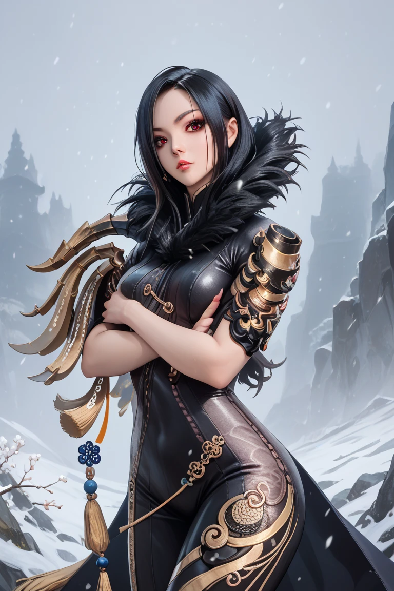16K, Ultra High Definition, Super detailed, Shiny detailed hair, detailed face, fantasy landscape, solo, looking at viewer, {{best quality}}, {{masterpiece}}, {{ultra-detailed}}, {detailed light}, ultra high quality eyes, detailed eyes, perfect eyes, large eyes, detailed green eyes, beautiful lips, ((black and white hair)), long hair, big braid, earrings, beautiful, skinny body, white skin, slutty, erotic, suggestive, ((nsfw))