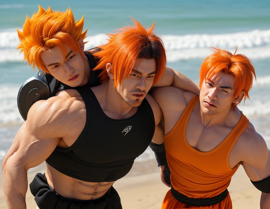 2boys, full body, male focus, muscular male, best quality, amazing quality, best aesthetic, absurdres, chilling at the beach, gay couple, official style, year 2023, game cg, looking at viewer, happy, looking at each others bellies, together on picture, yaoi, gay couple, emphasizing the extraordinary size of pregnant belly, pregnant belly, wet with milk dripping, (bakugou katsuki), (Eijiro Kirishima red riot), boku no hero academia, nipples, arms back of head, wearing black short underwear, grin.