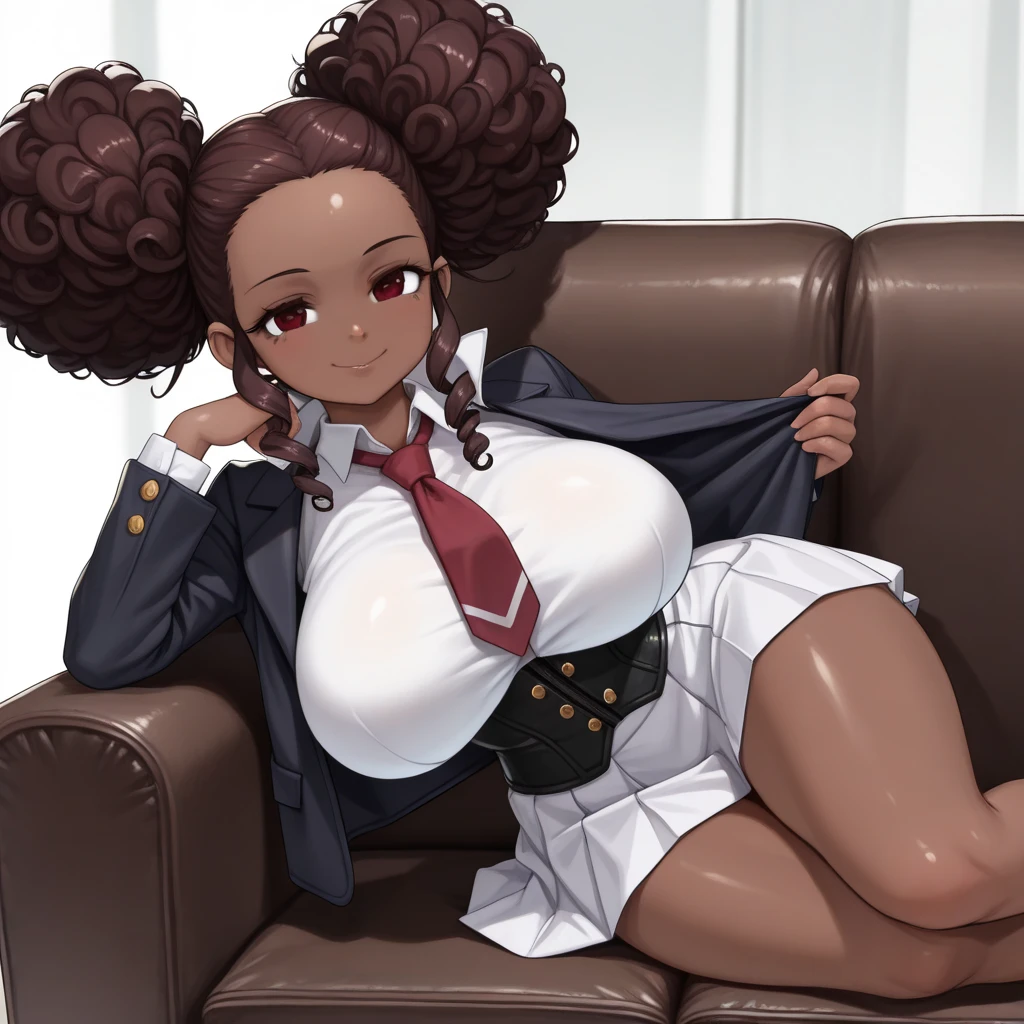 Milf ,woman, (dark skin), afro hair, living room, couch, hair with acessories, curvy, cleavage, crossed legs