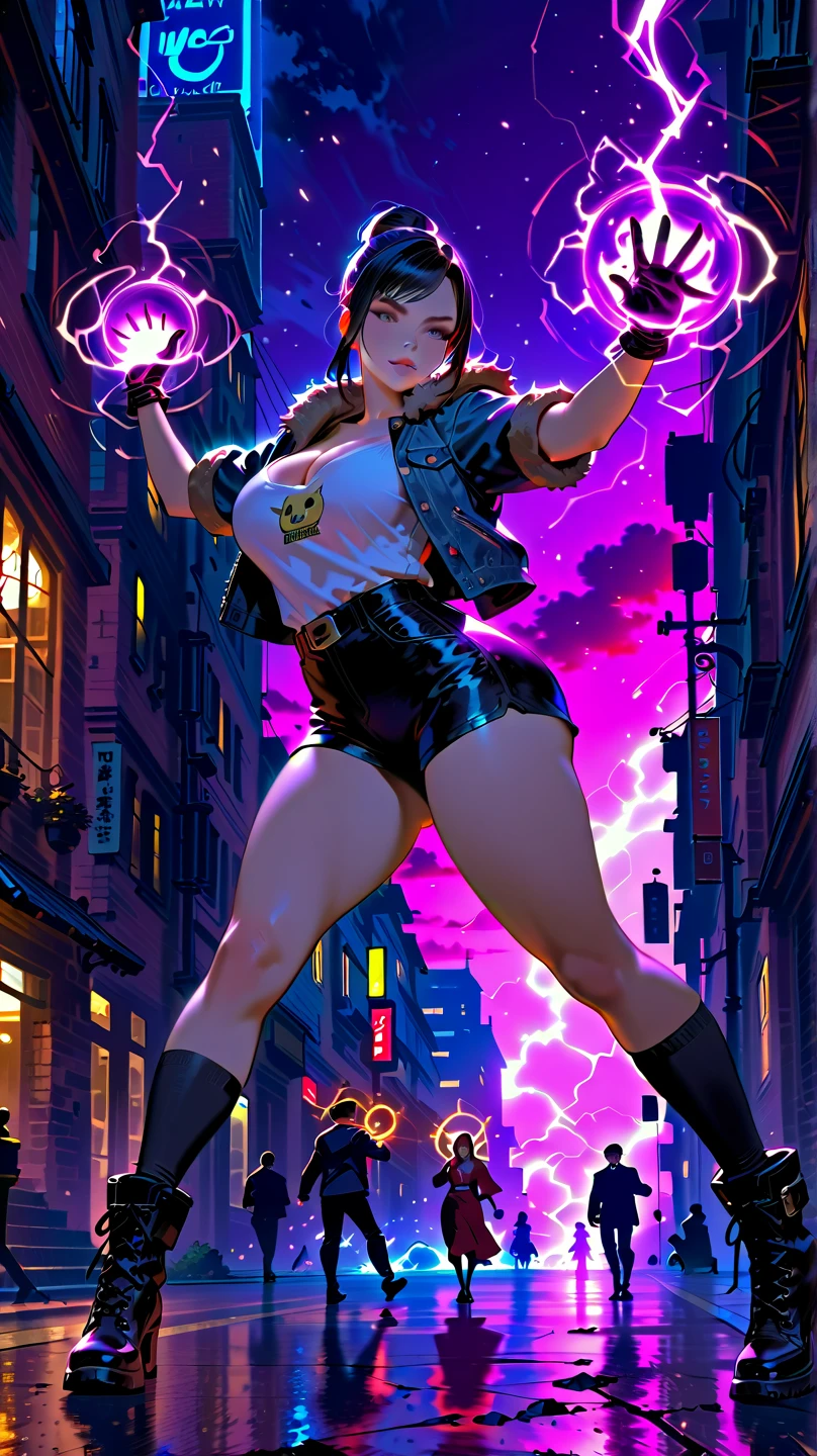 ((best quality)), (detailed), 1 brutal women, 8k_wallpaper, extremely detailed eyes, (large masterpiece digital art), (intricate details:1.3 ), (ultra-detailed:1.3), (sharp focus:1.3), (natural lighting:1.05), (vivid colors:1.3), (best quality:1.4), expressive eyes, full body, detailed face, beautiful face, perfect face, ((hair black curls)), ((blue horns)), (gold eyes), {{dark skin}}, ({dark skinned female}), (big breasts), huge chest, big wide ass, powerful relief muscles of the abdomen and legs, powerful strong muscles of the arms, a predatory aggressive smile with many fangs and a cruel predatory gaze, dressed in an open white coat with rolled up sleeves, a translucent dark blue crop top through the fabric, the clear outlines of large pointed nipples are visible, denim mini-shorts, leather gloves, steel bracelets, a large hiking backpack, walks through the city at night against the backdrop of neon signs advertising and labels of adult establishments, against the backdrop of bars and brothels, in the style of cyberpunk and rock and fantasy of the distant future,