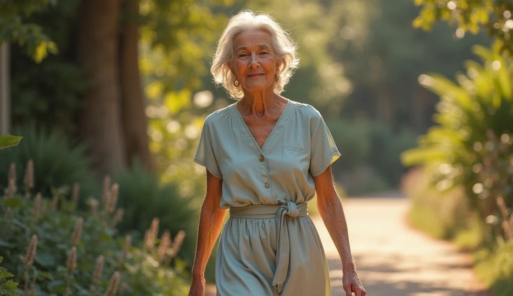 60 year old woman, Looking at the sky, smiling ,pink mouth,gray braided hair, loose printed blue chiffon dress, jogging on a path of poppies, clear water stream sunny atmosphere