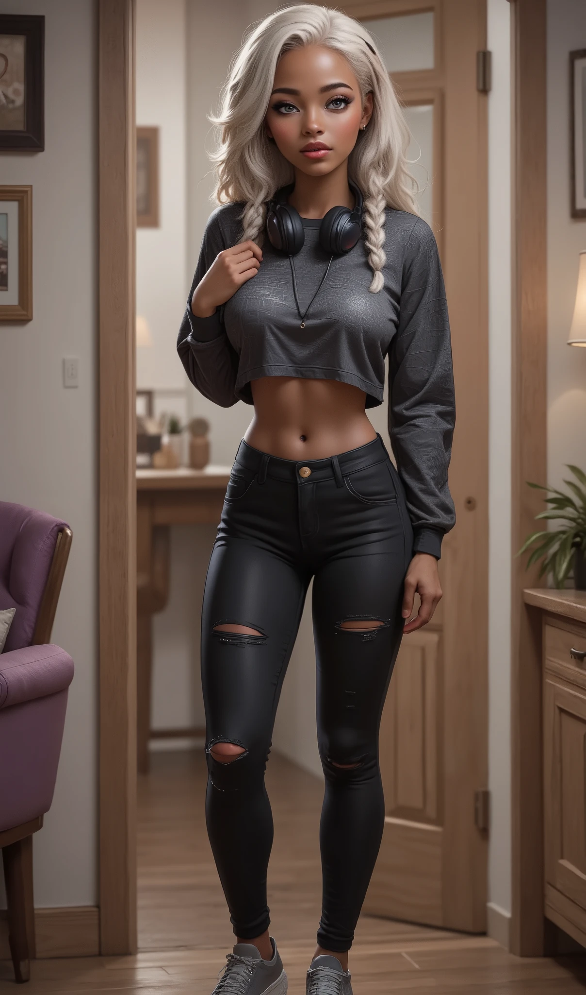 The 15 year old girl is a light brown and her hair is silver white with two long french braids , her eyes are silver grey, she is standing in front of a doorway indoors in a casually styled livingroom, which includes a purple armchair and framed wall art. She is wearing a black and grey crop top with a checkered pattern and it is long sleeves, paired with high-waisted black jeans that have distressed details near the knees. She also wears casual gray sneakers. Around her neck hangs a pair of black headphones. The lighting is soft, casting gentle shadows behind her. The overall atmosphere is casual and relaxed.