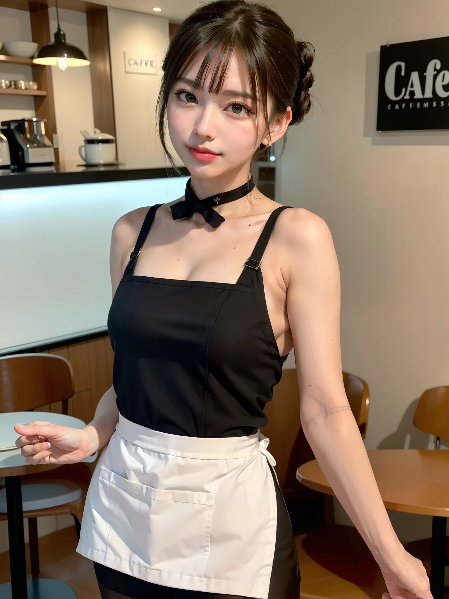 ((Best of the highest quality, 8k, Masterpiece: 1.3, raw photo)), Sharp focus: 1.2, (1 AESPA, slim body type female, 21 y/o: 1.1), (Solo: 1.2), (realistic, photo-realistic:1.37), face focus, cute face, finely eyes, (small breasts, flat chest, Thigh: 1.3), (short messy hair, updo: 1.28), (apron, panties: 1.32), cafe, bar, from behind,
