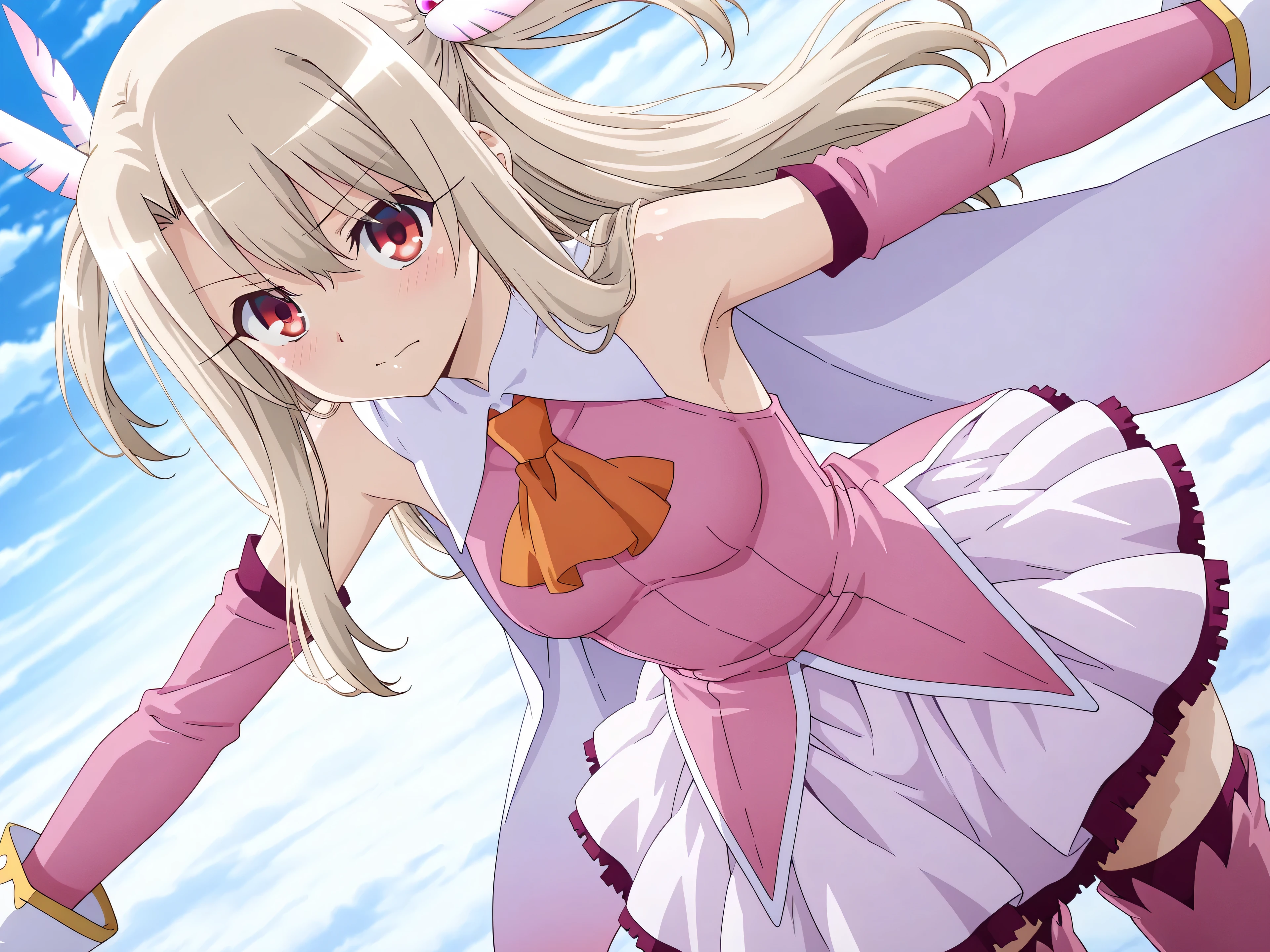 anime screencap,best quality, masterpiece, Super detailed,High resolution,Extremely detailed CG,1girl,illyasviel von einzbern, long hair, blonde hair, two side up, hair ornament, red eyes, bare shoulders, magical girl, cape, orange ascot, pink shirt, sleeveless, detached sleeves, white gloves, white skirt, pink thighhighs,lie on own back、medium breasts,