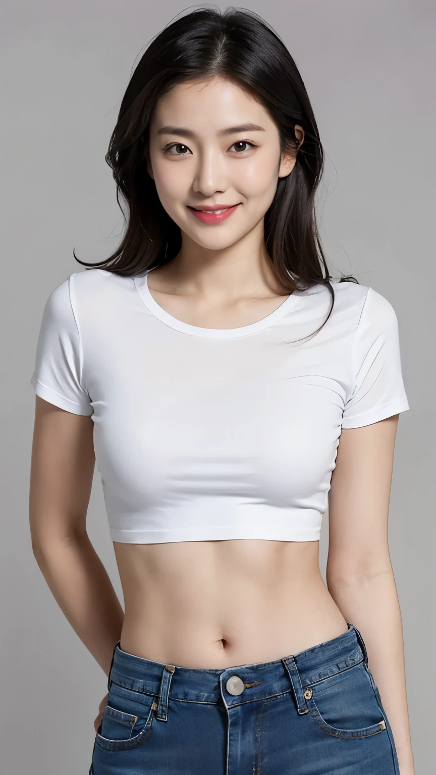 (Spread right and left hands out to the sides of the screen:1.7),
A slightly sideways face and a big smile,
18yo, (See-through:1.1), (white Baggy T-shirt1.2), (huge breasts1.1), (Bikini bottom:1.3), Slightly short hair, (Hair above shoulders:1.1), brown hair,
(Fleshy thighs:1.1), Shin,