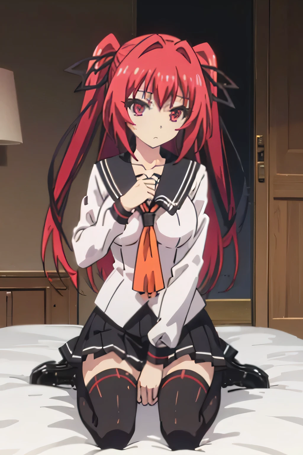 Red hair, red eyes, ponytails, black laced ribbons, 1 girl, Mio Naruse, seifuku, shoes, thighhighs