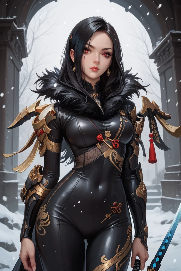 best quality,masterpiece,highres,original,extremely detailed wallpaper,perfect lighting,extremely detailed CG,<lora:add_detail:0.3>,standing,
<lora:jinsoyun-nvwls-v1:0.8>,jinsoyun,black bodysuit,shoulder armor,fishnet,single gauntlet,bracelet,