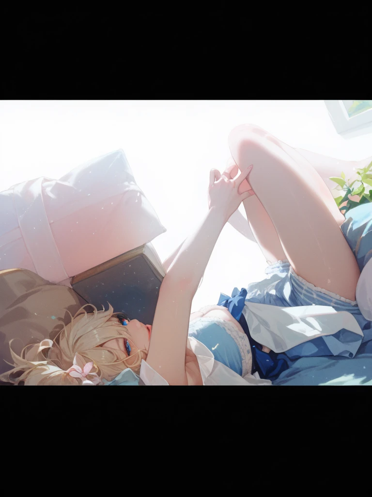((1 girl)),cute girl lying on bed, from above, looking up, barefoot, naked, showing pussy, legs spread, uncensored, good lighting, blonde hair, pigtails, young, clothes, showing genitals, breasts