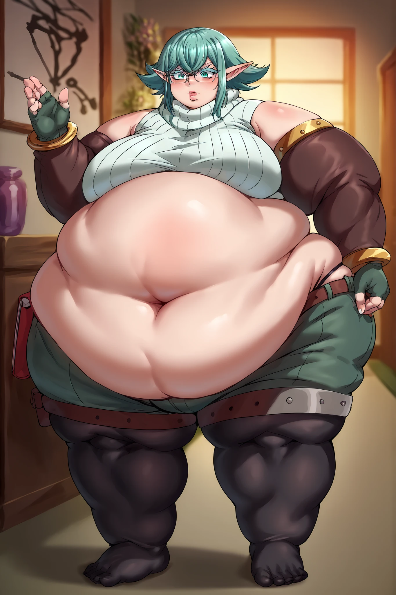 score_9, score_8_up, score_7_up, score_6_up, score_5_up, score_4_up, source_anime,cinematic shadow, character focus, detailed skins,perfect hands,medium breasts, body blush, cowboy shot, sidelocks, sylphid, elf,long pointy ears,aqua hair, flipped hair, bangs, aqua eyes,aqua eyelashes, sylphiddress, glasses,open-chest sweater,turtleneck sweater,sleeveless, asymmetrical brown elbow gloves,brown armband, green fingerless gloves,gold bracelet, midriff, navel, highleg panties,belt, green shorts, black legwear, giant hands, giant feet, fat, chubby, obese, gigantic arms and legs, gigantic breasts, sagging breasts, full body shot, fat face, chubby face, double chins, big lips