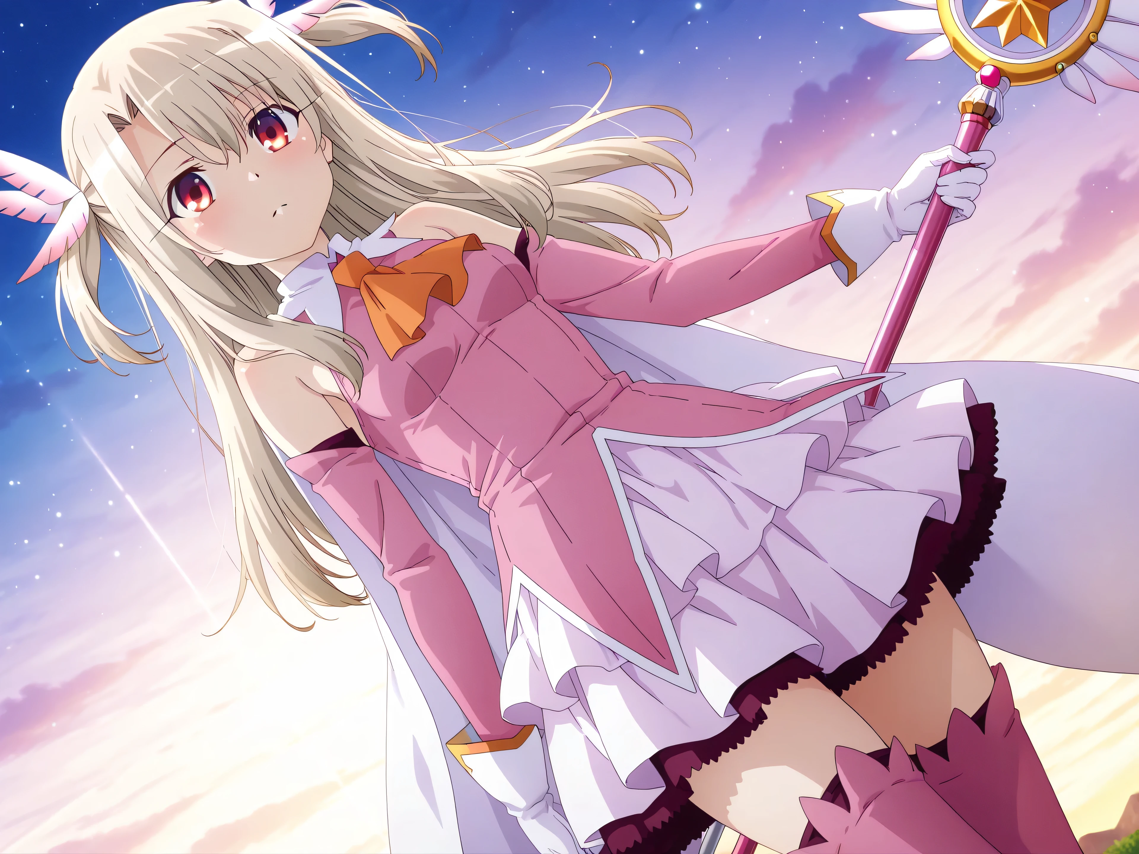 anime screencap,best quality, masterpiece, Super detailed,High resolution,Extremely detailed CG,1girl,illyasviel von einzbern, long hair, blonde hair, two side up, hair ornament, red eyes, bare shoulders, magical girl, cape, orange ascot, pink shirt, sleeveless, detached sleeves, white gloves, white skirt, pink thighhighs,lie on own back、medium breasts,