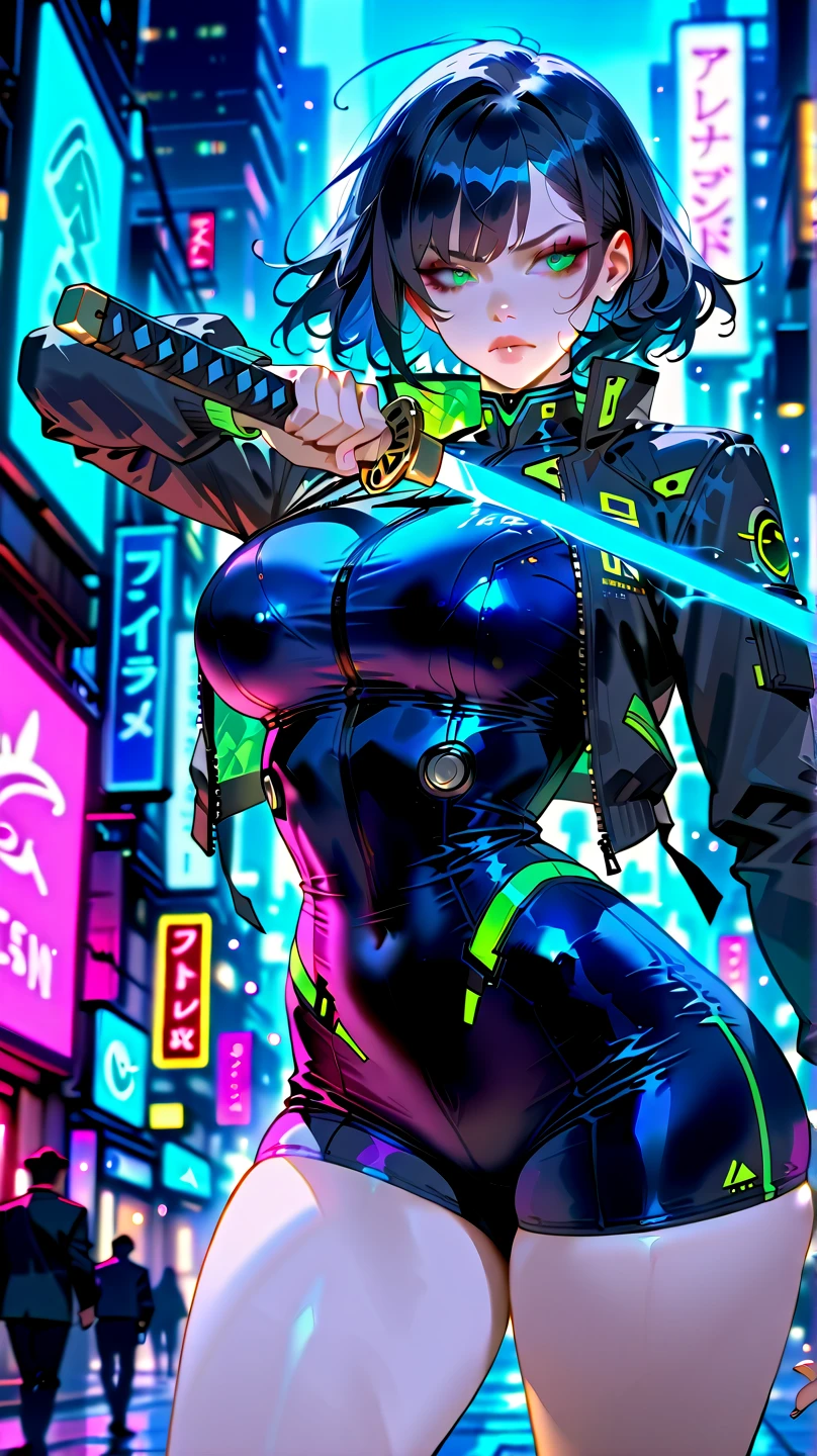 e girl, bloody cut smile, long hair,cool black open short jacket, tatoos, messy fade cut hair, crazy,futuristic neon night street background,poser, fuchsia, indigo, green,portrait, hacker, ahegao face