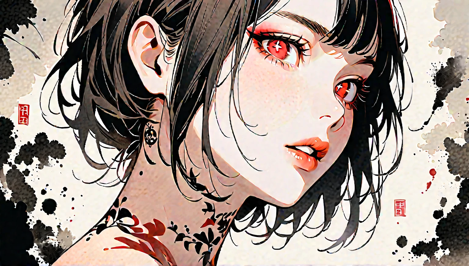 Anime girl with black hair and red eyes staring at the camera, akane owari danganronpa, & her expression is solemn, Kuvshinov Ilya, Detailed anime soft face, ilya kuvshinov face, Also, Detailed anime face, Kuvshinov, it has a piercing gaze, hana yata, Perfect anime face，binding，realisticlying，big breasts exposed cleavage，dewpoint