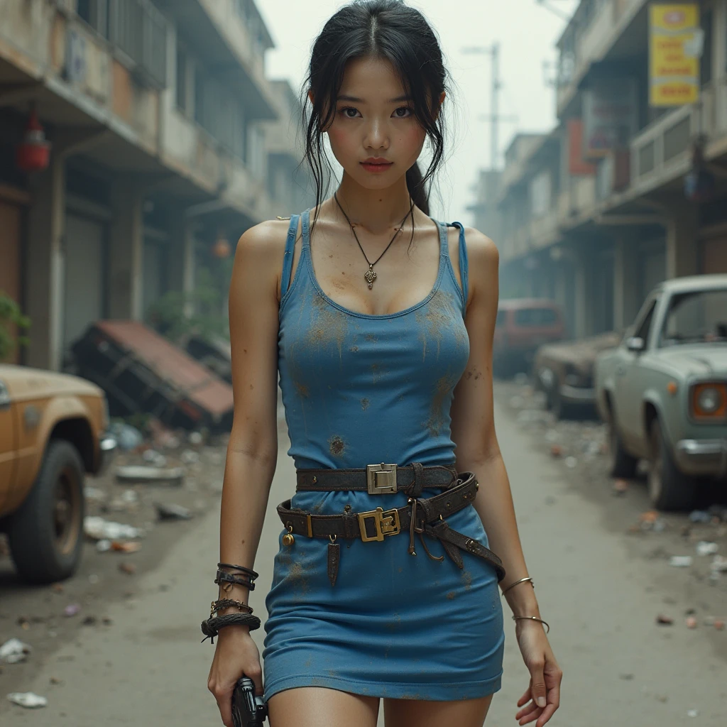 (highest quality、4K、High resolution、master piece: 1.2)、Super detailed、real: 1.37、Natural light、Portrait、surreal colors、futuristic style、Crumbling cityscape、Overgrown vegetation、Foggy atmosphere、Contrasting shadows、tattered clothes、A strong and confident gaze、Abandoned Objects、desolation、Destroyed building silhouette、vivid graffiti、Empowering pose、hair fluttering in the wind、Expressive facial features、unforgettable beauty、Dramatic sky、eerie clouds、intricate details、urban decline、post-apocalyptic setting、Ruins in nature 、Majestic Skyline、Desperate struggle、Creepy Presence、Thought of power、Enhanced Thought of power、intensity of emotions、Tense atmosphere、heroic attitude、intense action、Fearless Determination、Survival from all odds、Dangerous landscapes、Iconic battle、cinematic composition、epic showdown、A moment frozen in time、mysterious aura、fortitude、Women&#39;s Support、strong female protagonist、Fascinating story、Women's power、Fierce determination、Empowering Stories
