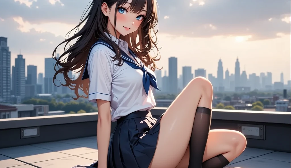 (8k, Highest quality, masterpiece: 1.2), (Realistic, photoRealistic: 1.2), sitting, (Panty shot)))), (Spread your legs)))), alone, Beautifully painted sky, night, Wet, Observe the audience, (sit: 1.5), date, future, (Nose brush), smile, Big Breasts, Beautiful Eyes,), (Dark Blonde: 1), (short hair :1.1), Panty shot, Spread your legs, skirt, , White panties, socks, Black Hair, shirt, Blurred, Blurred background, Knee-length, White shirt, loafers, Realistic, Long Hair, lips, Brown eyes, Black socks, tie, Pleated skirt, bow, Headrest, landscape, Outdoor, Brown footwear, masterpiece, Highest quality, Very detailed, ((((Panty shot))), (((Spread your legs))),