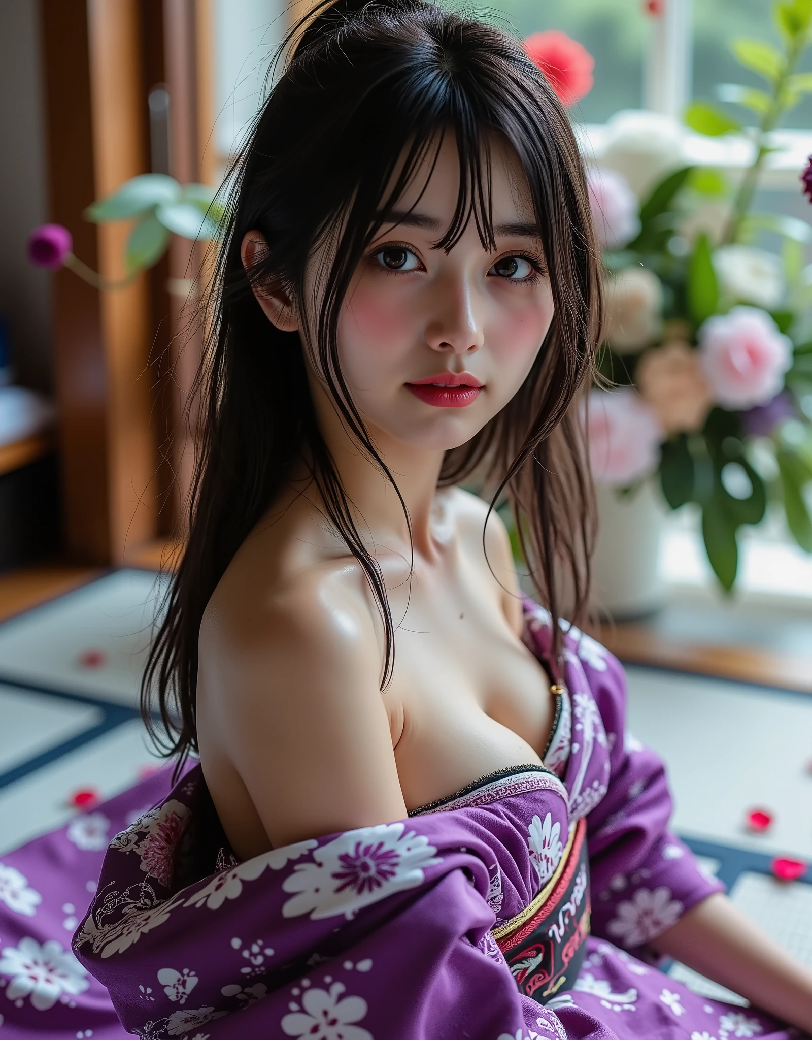 (Canon), (EOS R5), (50mm), (((Photorealistic:1.5))), ( No Lens Flare :1.5), ((超high resolution)), (masterpiece), accurate, (realisticな質感の肌), Super Detail, High detail, High Quality , winning work, 最High Quality, 32K, depth of field,  digital camera, Award-Winning Photos , (Professional bright lighting), ((最High Quality:1.5)), ((masterpiece:1.5)), ((realistic)), high resolution, (とても美しくて可愛い1 personの日本人女性), ((Upper body shot seen obliquely from the front :1.5)), (( upper body shot from head to knee  :1.5)), ((( upper body shot with a beautiful and cute floral pattern with an orchid-like design :1.8))), ((half naked Japanese woman in a Japanese kimono)), ((Shot in an old Japanese-style house in Japan )), ((sitting on a beautiful tatami mat in a luxurious Japanese-style room:1.5)), ((( showing cleavage between the lattice-shaped shoji and floor :1.8))), ((( wearing only Japanese kimonos , no underwear,  no shoulder straps , Semi-nude:1.8))), ((( no shoulder straps :1.5))), (((no underwear:1.5))), (((The front of the kimono is wide open to show the cleavage between the shoulders and bust:1.8))), (1 person), ((Beautiful and cute,  18 year old Japanese)), ((very cute high school girl who feels young)), ( beautiful black hair ponytail), Very beautiful and sexy, charming beauty, seductive pose, height 160cm, slim figure, Beautifully shaped bust , d cup, (((A very cute, cheerful smile:1.8))), (alone:1.5), (brown eyes:1.9), ( Detailed depiction of extremely realistic skin ), (Highly detailed, realistic eyes:1.9), ( extremely beautiful long realistic eyelashes ), (Highly detailed, realistic eyebrows), (丸いbrown eyes :1.8), ( beautiful catchlight on the eyes), (Realistic lips with moisture ), (White Realistic Teeth Arrayed Neatly), ( Beautiful and Detailed Face :1.6), (hourglass figure:1.6), (Wasp waist :1.5), (Perfectly round and beautifully shaped breasts:1.8), ( clearly contoured cheekbones  :1.5), (perfectly shaped body :1.8), (Healthy body :1.8), (Narrow shoulders:1.9), (staring at the viewer), (mesmerizing gaze), (Beautiful, natural-looking hands), (beautiful pink nails with a beautiful length), (( show your hands as little as possible )), ( very cute smile:1.1), (Waist, I can see my stomach:1.4), Intricate and detailed,  colorful depiction , (( A purple Japanese kimono with a beautiful and cute floral pattern designed like an orchid:1.5)), ((The kimono is wide and the shoulders and chest are quite exposed:1.3)), (((Off Shoulder:1.8))), (( Beautiful purple Japanese kimono with a beautiful floral pattern )), ((Kimono with a flower pattern on purple fabric )), ((I can&#39;t show my feet)), Flower Hairpin, (I can see ikebana on Japanese-style furniture behind),  extremely sexy sensual body ,  Sexy girl, like々Sensual Elegance, sexy body, sexy looks,  sitting on tatami mats in a luxurious Japanese-style room , Shot taken from an oblique front , (Beautiful pink, yellow, and white petals are scattered on tatami mats), (Japanese-style temari rolling ), Japanese style hairpin,  Japanese Style Hair Ornament, A gentle-looking face, thin waist, (sitting on tatami mat in a gorgeous Japanese-style room), blur background, Illuminate the face, dynamic pose, beautiful body line , Beautiful, realistic skin , Art Photography, beautiful soft writing, ( color temperature 5500K )