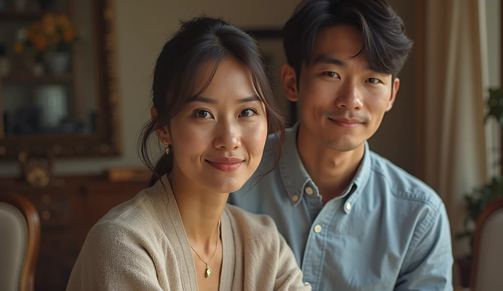((best quality)), ((masterpiece)), (detailed), perfect face、Korean old couple、smile、Korean men and women、laughing、Living Room Background