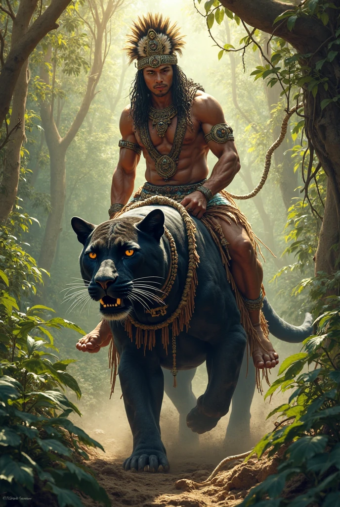 a guy in a loincloth with black hair stands leaning on a black lion against a jungle background 